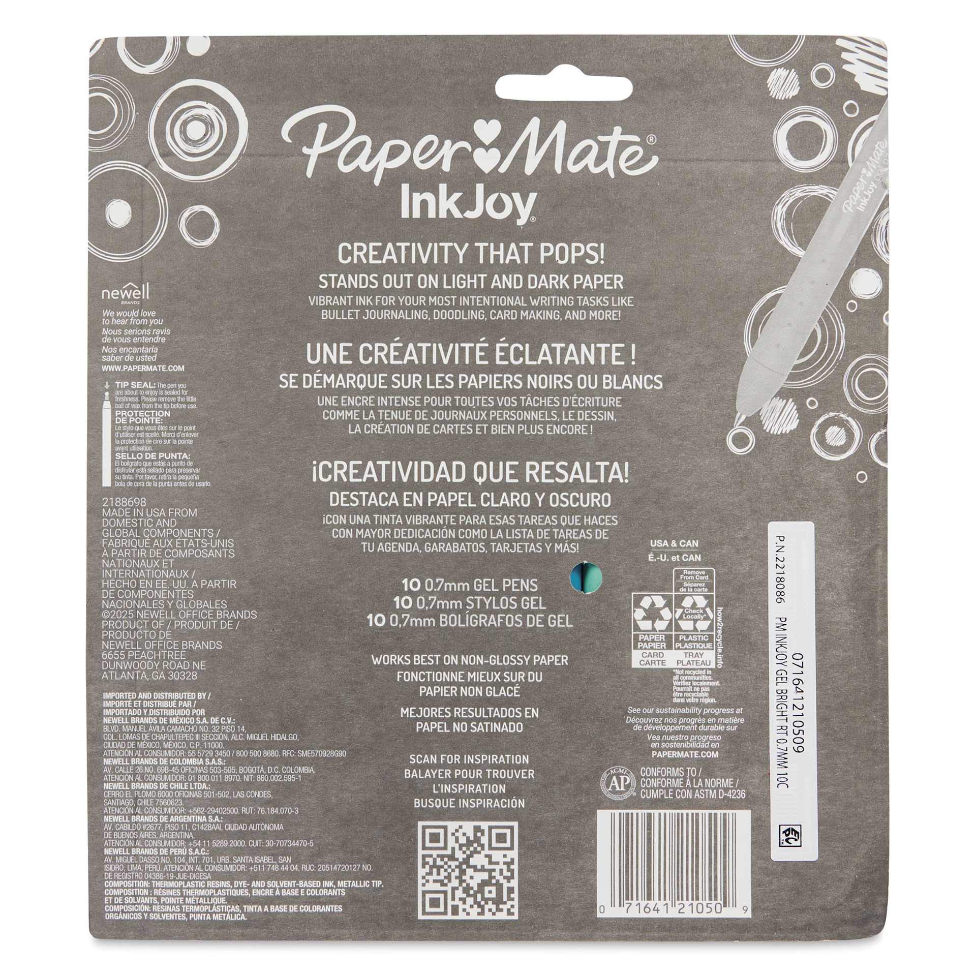 Paper Mate Inkjoy Gel Bright Pens - Bright Colors, Set of 10, back of packaging