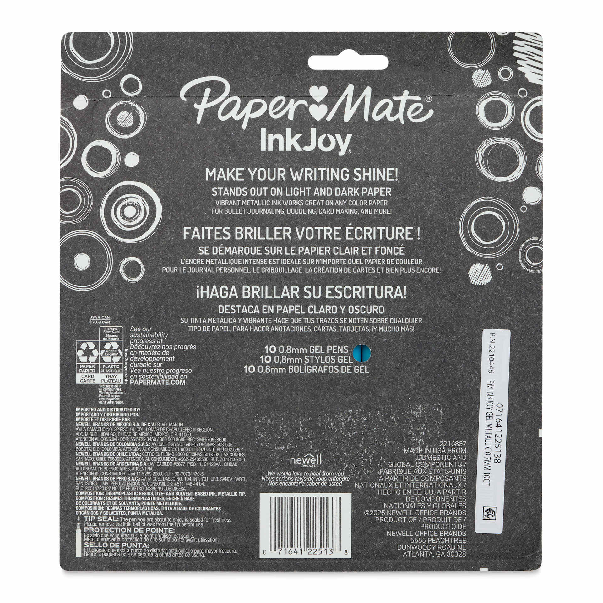 Paper Mate Inkjoy Retractable Metallic Gel Pens - Assorted Colors, Set of 10, back of the packaging