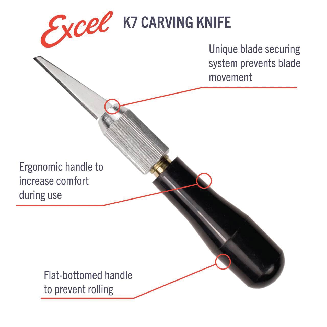 Ergonomic handle to increase comfort during use. Flat-bottomed handle to prevent rolling. Unique blade securing system prevents blade movement.