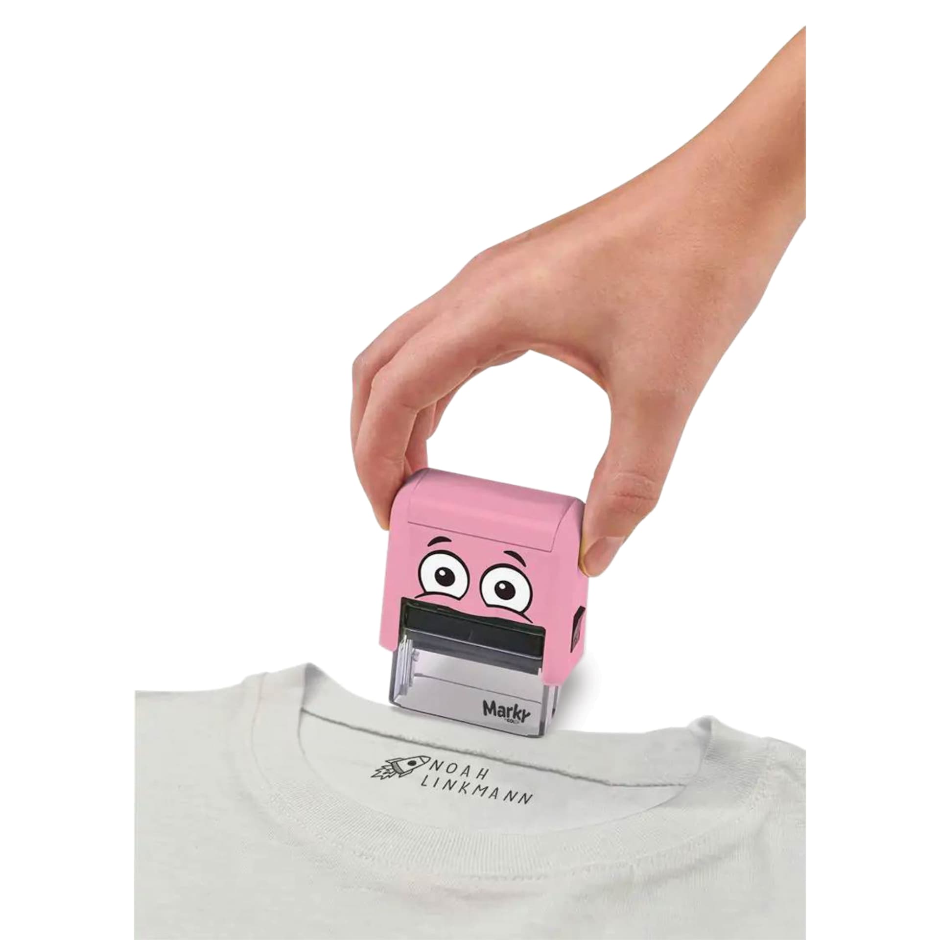 Colop DIY Marky Textile Stamp Set - Pink being used on neck of t-shirt