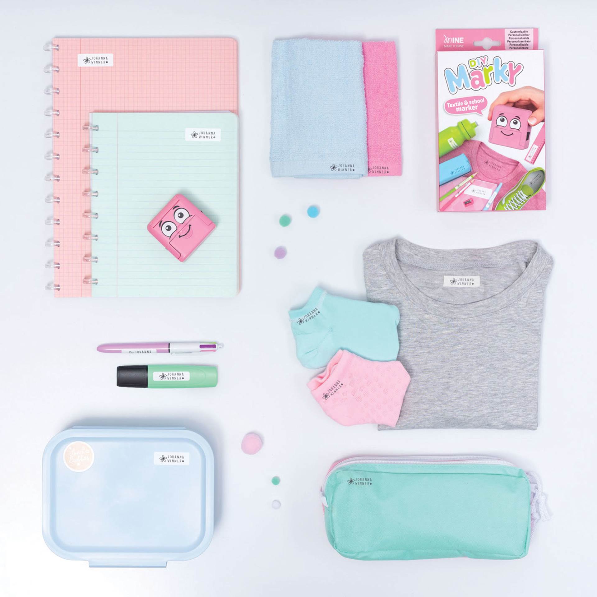 Colop DIY Marky Textile Stamp Set - Pink contents laying beside possible applicant options