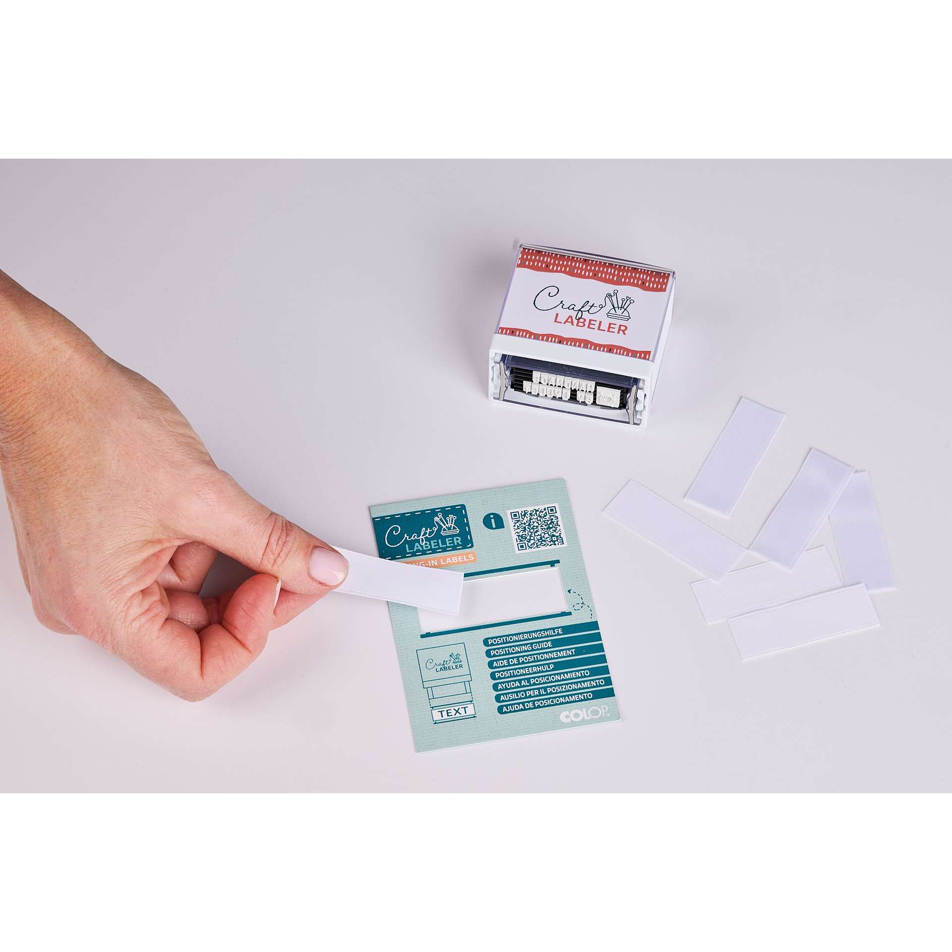 Colop Craft Labeler Textile Stamp Set showing sew-in labels 