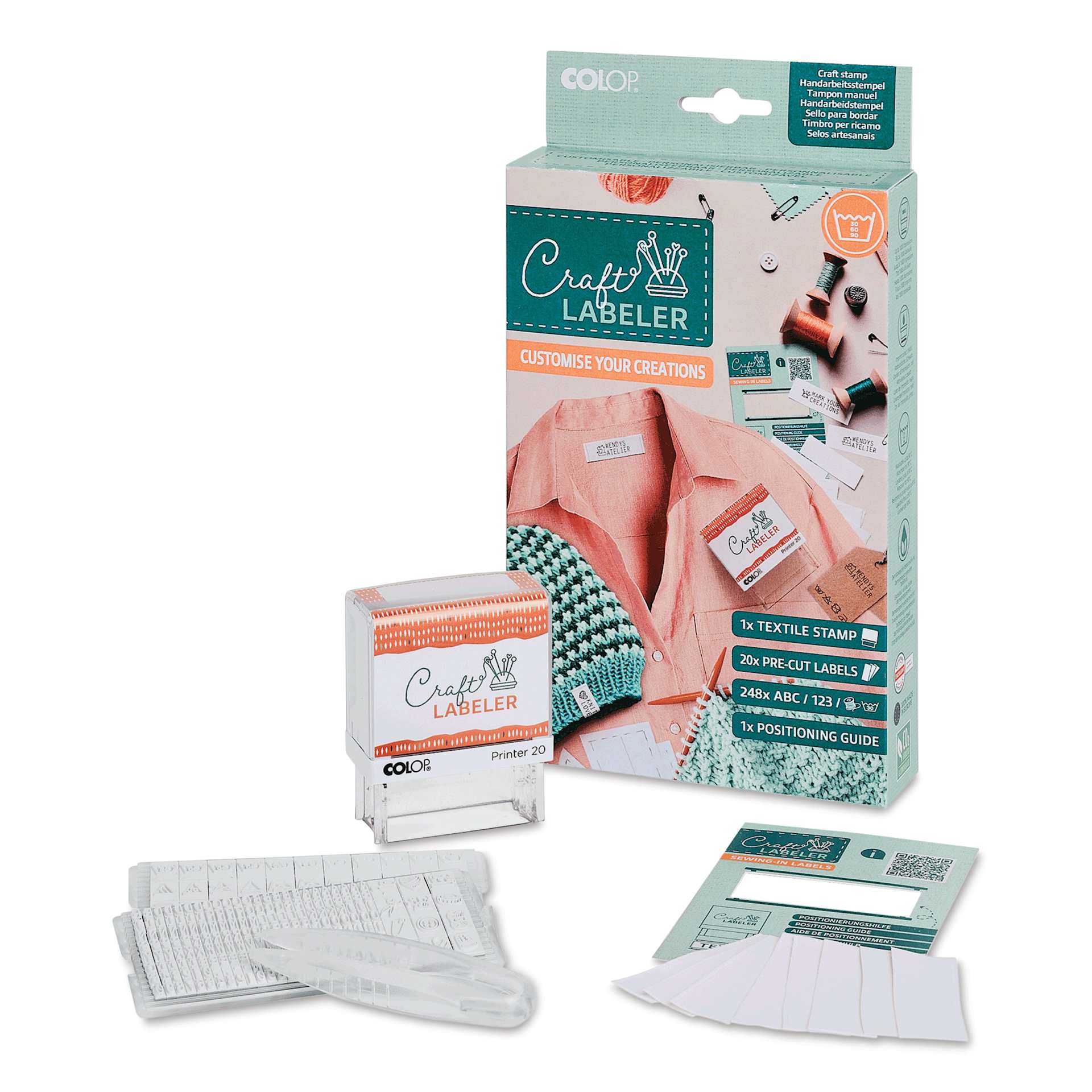 Colop Craft Labeler Textile Stamp Set contents and packaging