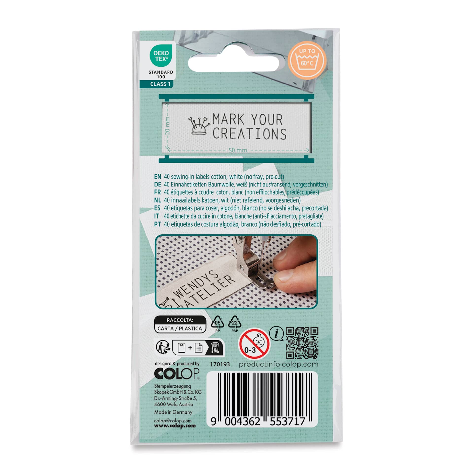 Colop Craft Labeler Sew-In Labels - Pkg of 40, 1.97" x .79" back of packaging