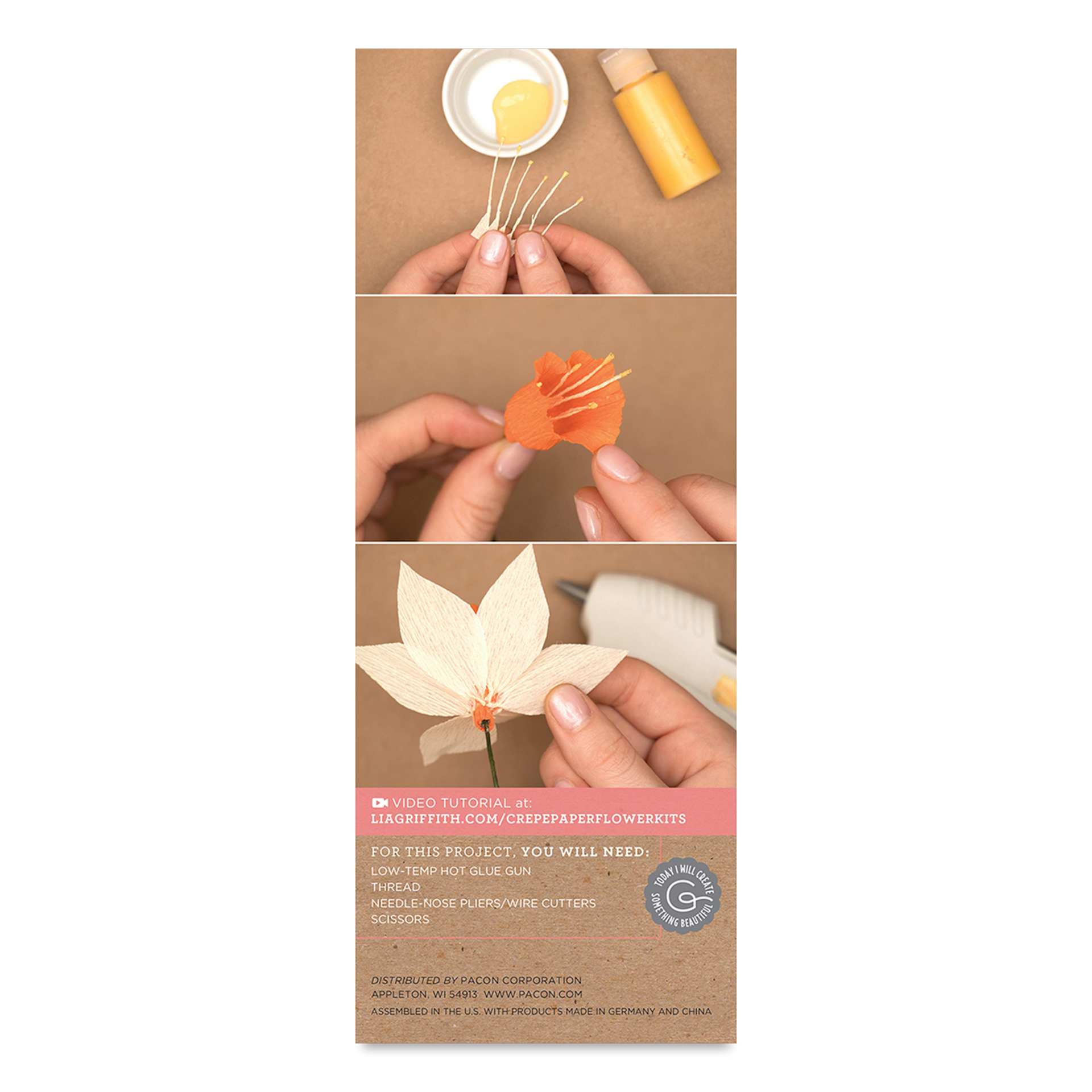 Lia Griffith Crepe Paper Flower Kit - Daffodil, 18 Pieces showing process of completing floral project