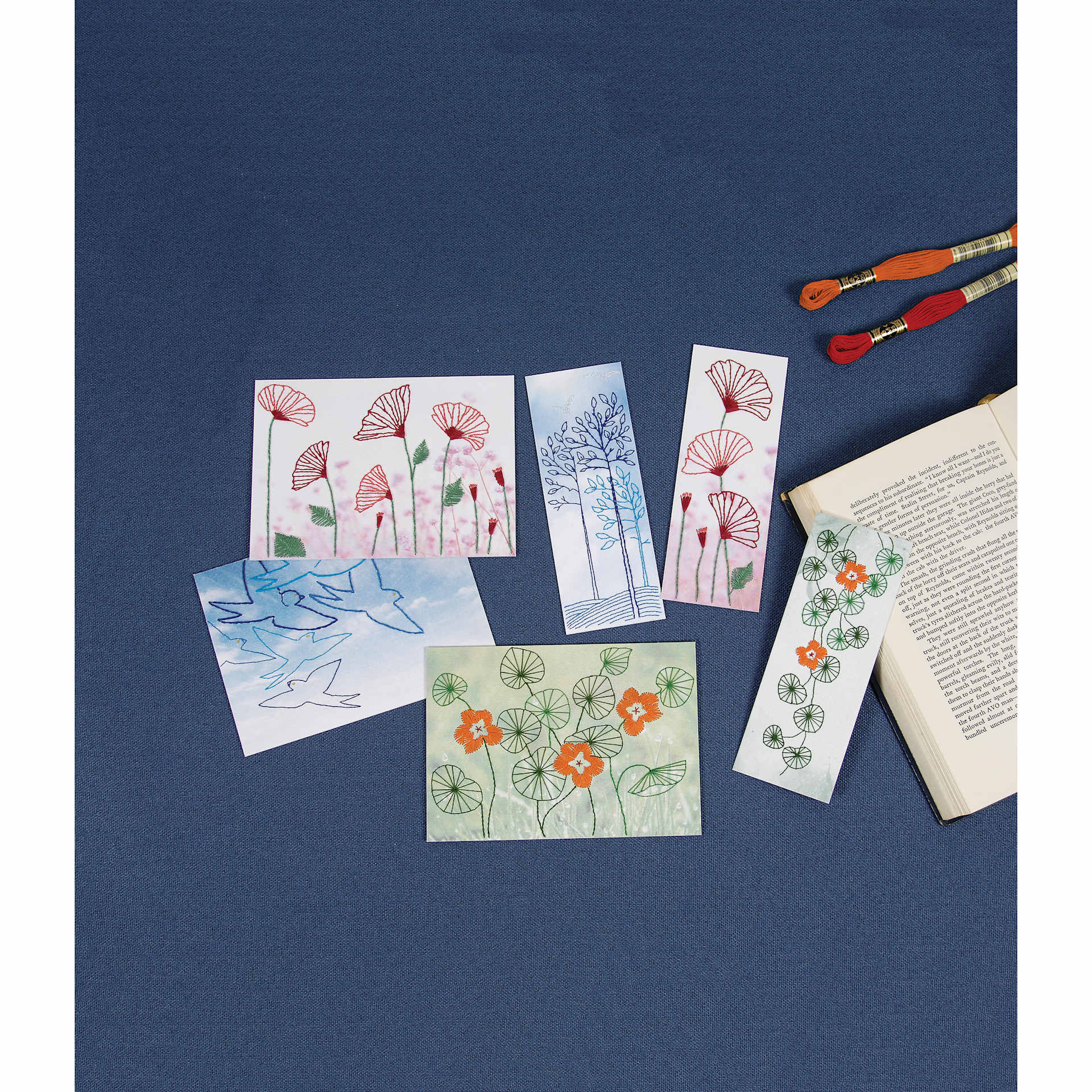 DMC Embroidery Card Kit - Nature completed projects laying on table