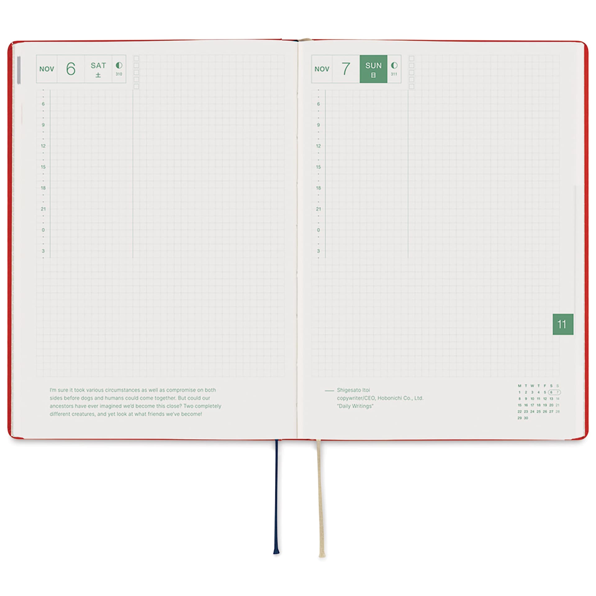 Hobonichi Techo HON 2027 Planners - A5, Kitagishi Tea, dialy pages with grid