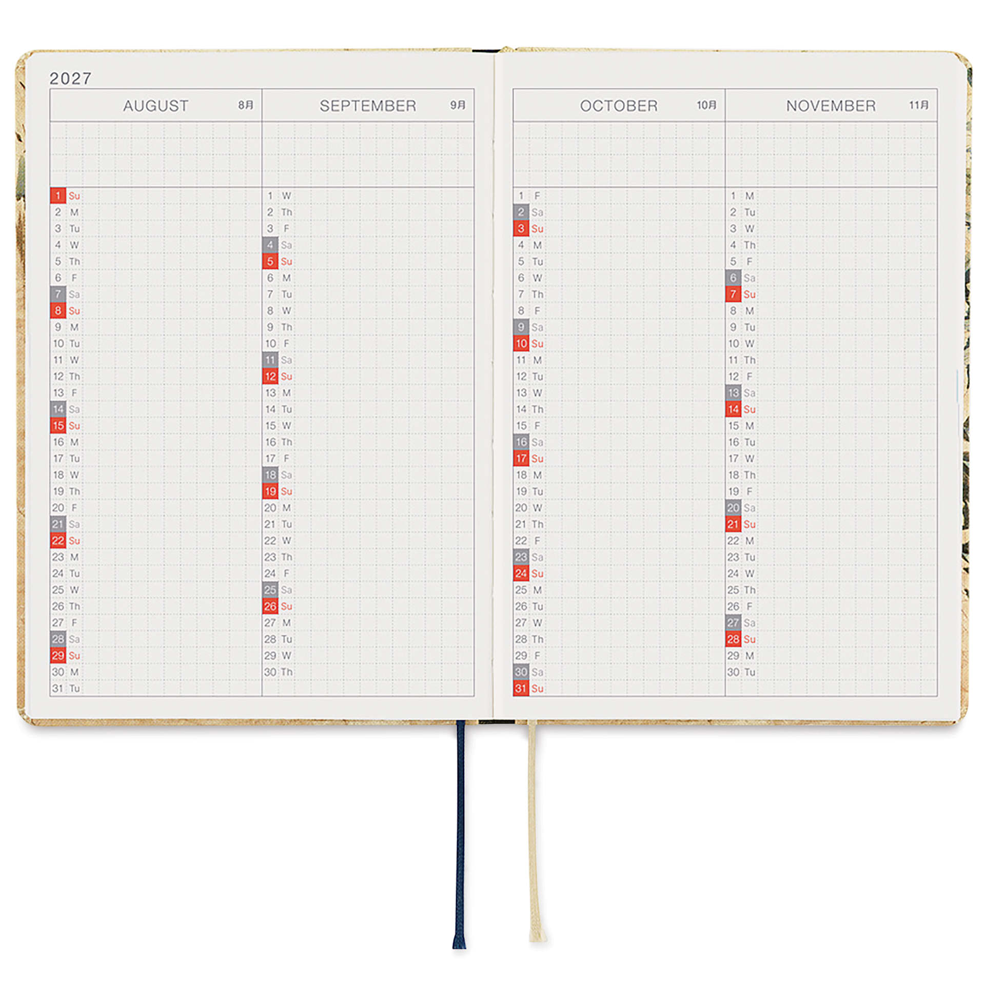 Hobonichi Techo HON 2027 Planners - A6, V&A Vine, four month view