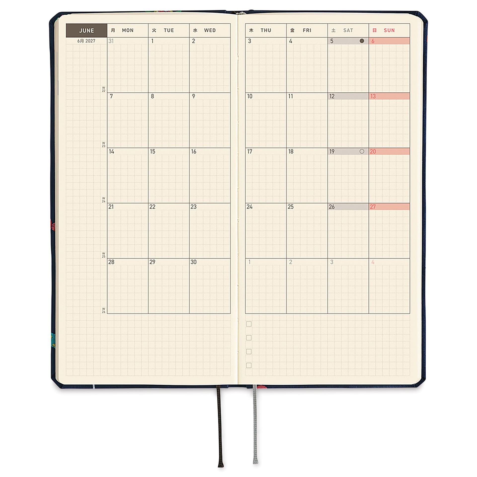 Hobonichi Techo 2027 Weeks Bow & Tie Collection Planners - 3.7" x 7.4", Candy, monthly page