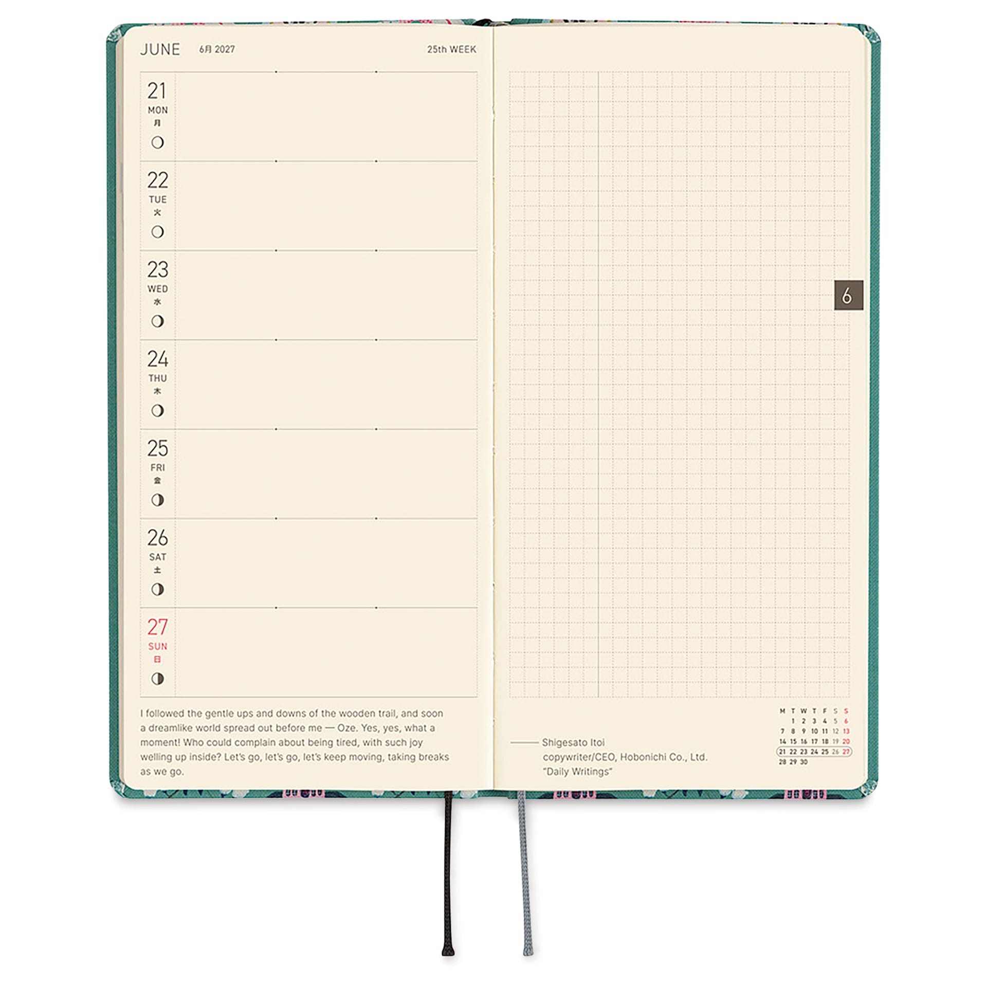 Hobonichi Techo 2027 Weeks Planners - 3.7" x 7.4", Kitagishi Cat, weekly schedule and grid pages