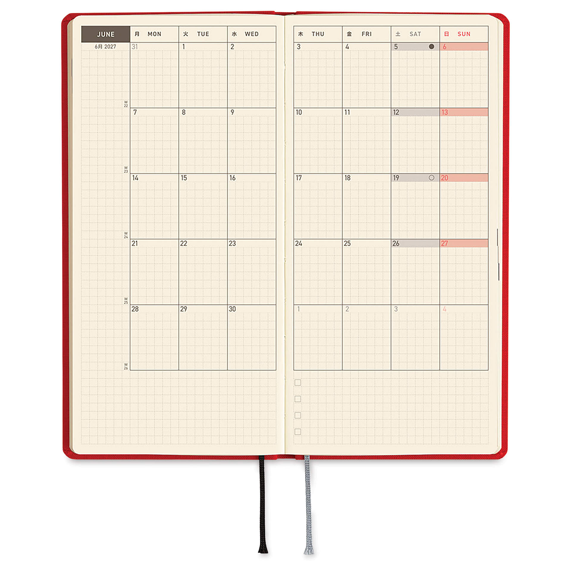 Hobonichi Techo 2027 Weeks Mega Planners - 3.7" x 7.4", Poppy Red
