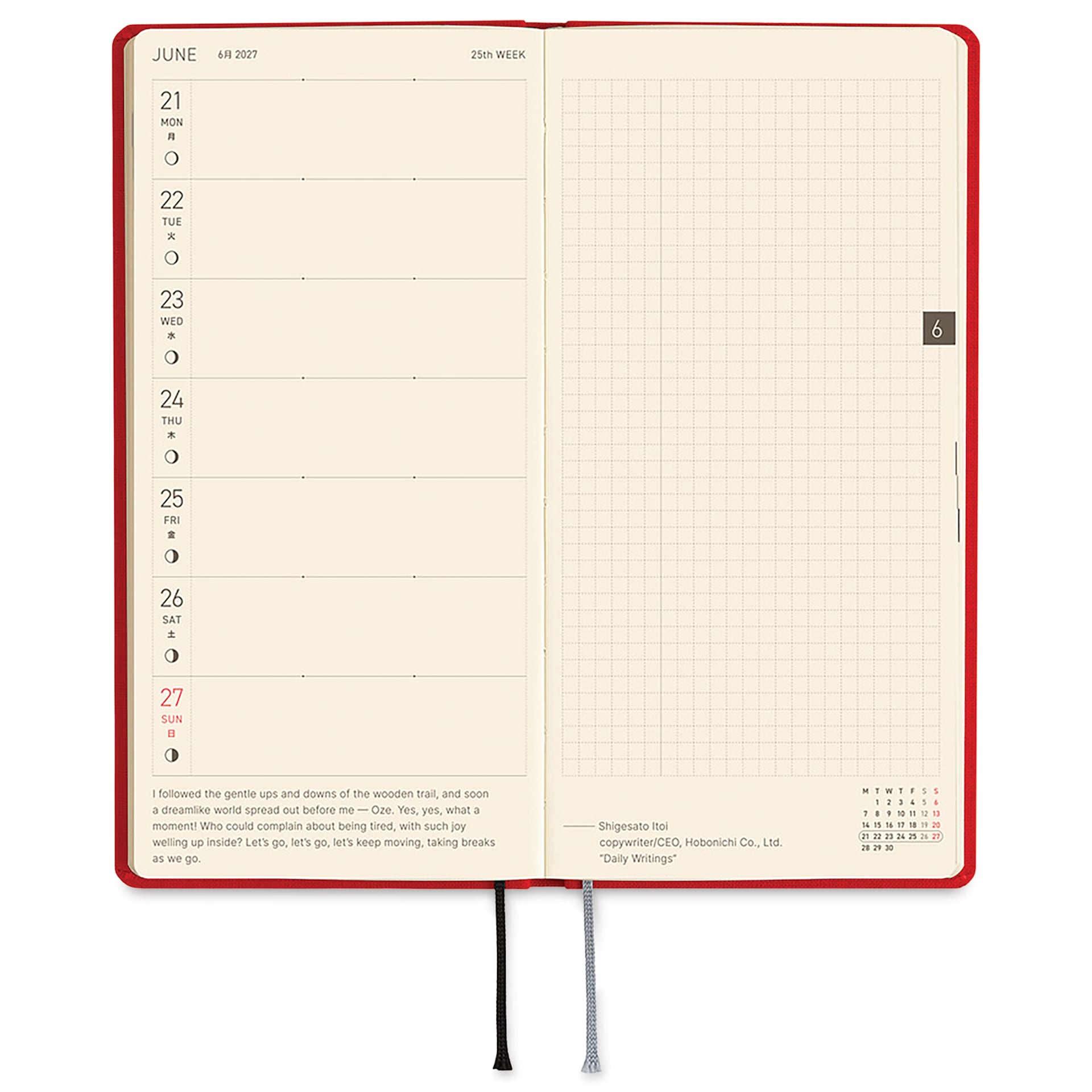 Hobonichi Techo 2027 Weeks Planners - 3.7" x 7.4", Poppy Red