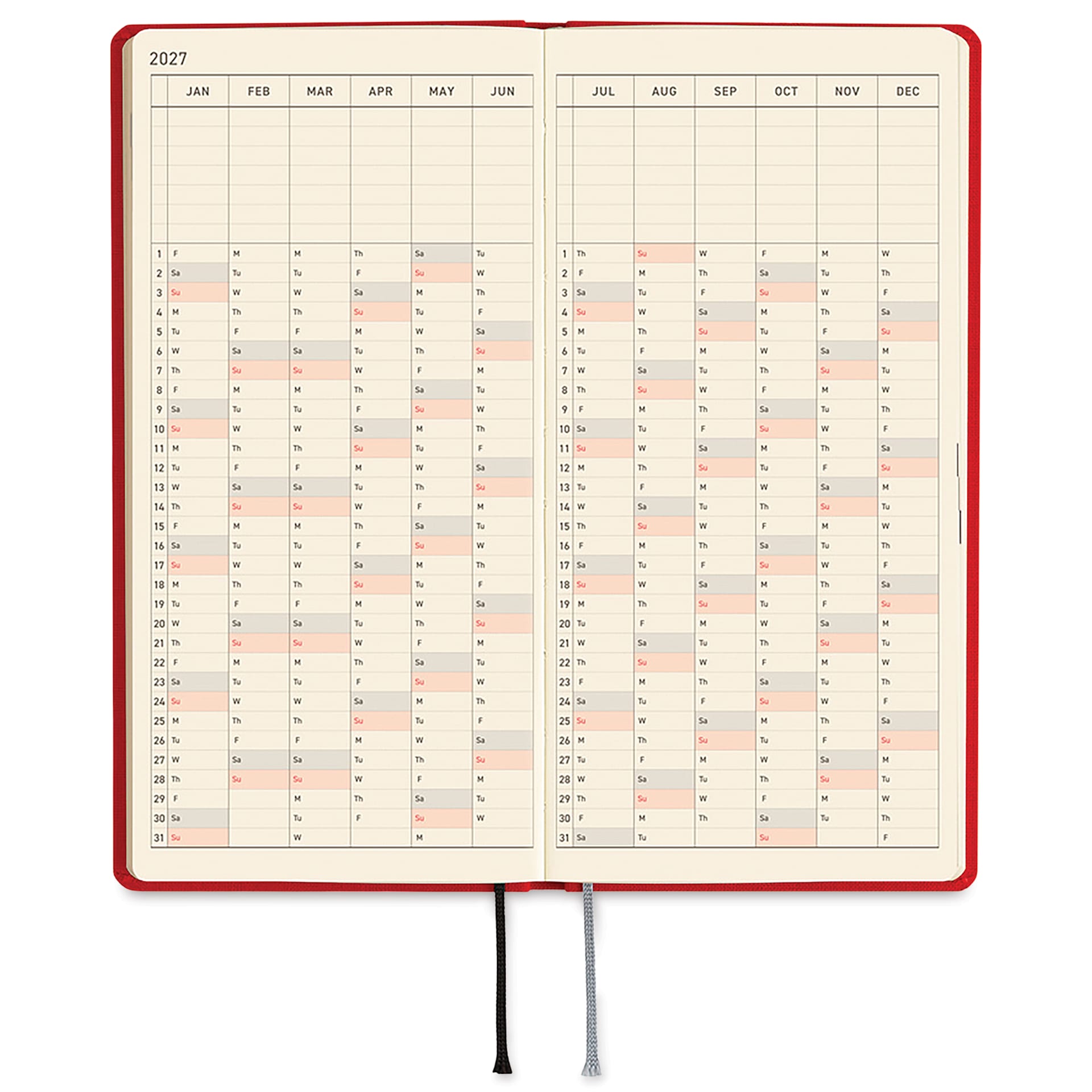 Hobonichi Techo 2027 Weeks Planners - 3.7" x 7.4", Poppy Red