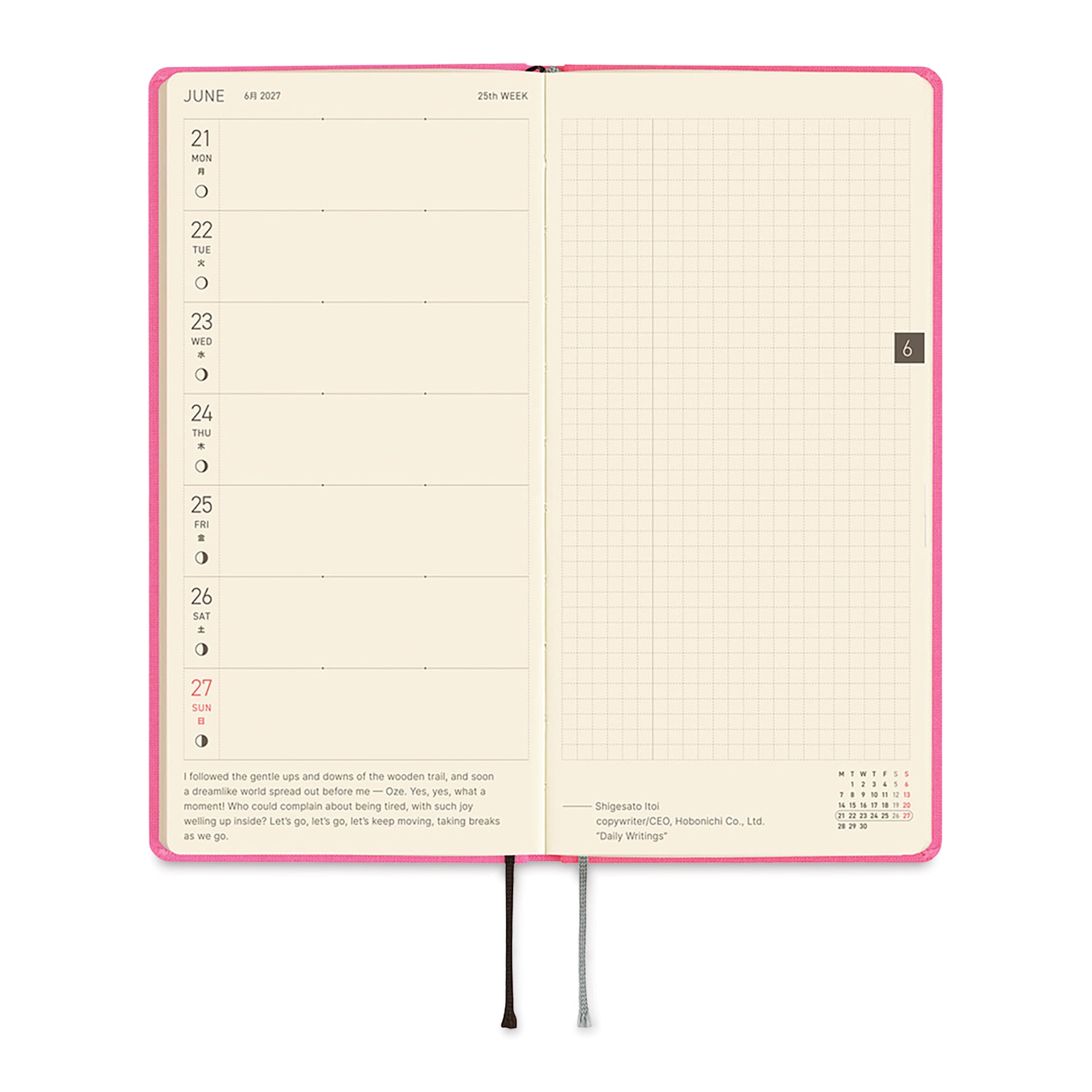 Hobonichi Techo 2027 Weeks Planners - 3.7" x 7.4", Pink Sapphire, weekly schedule and grid pages