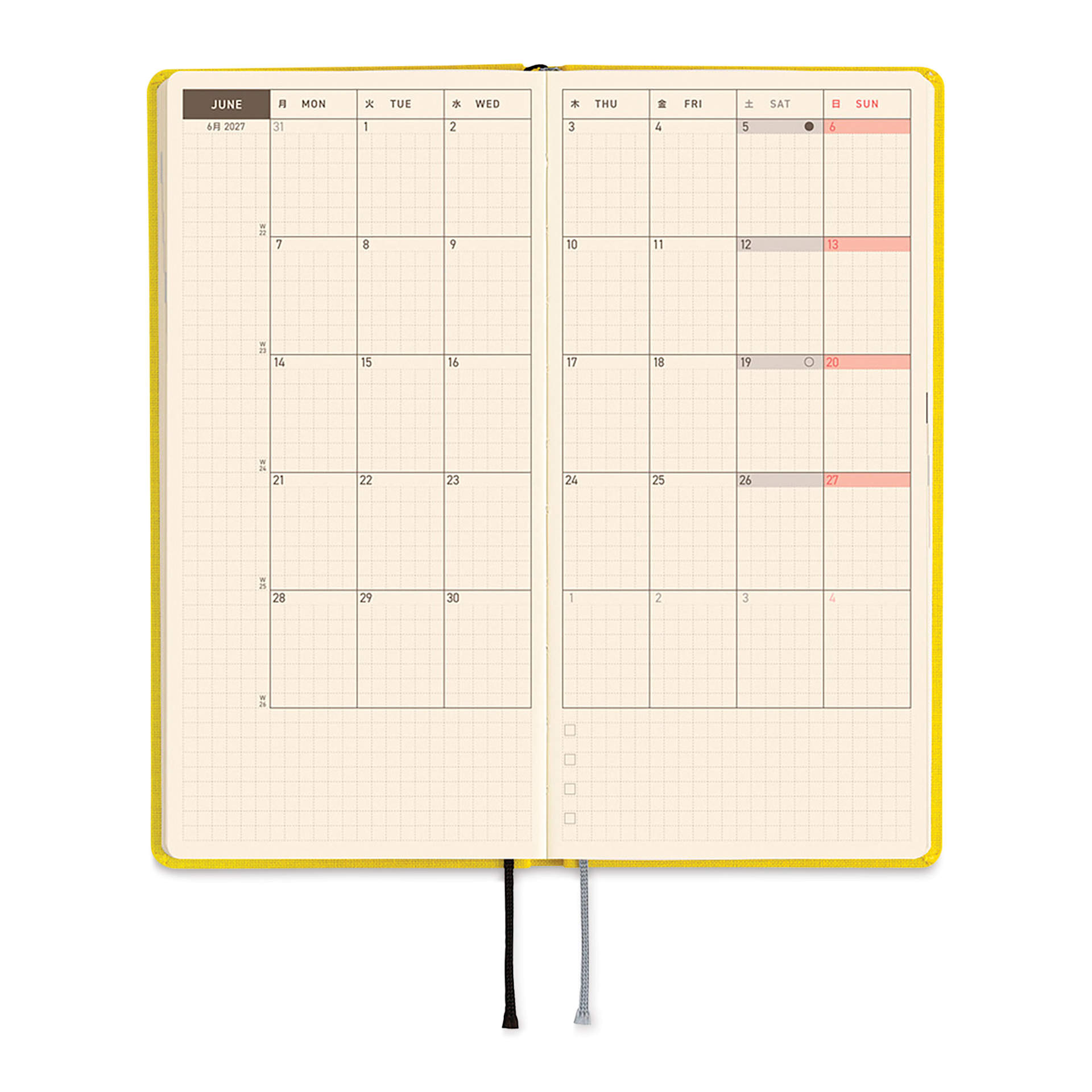 Hobonichi Techo 2027 Weeks Mega Planners - 3.7" x 7.4", Canaria Yellow, monthly pages