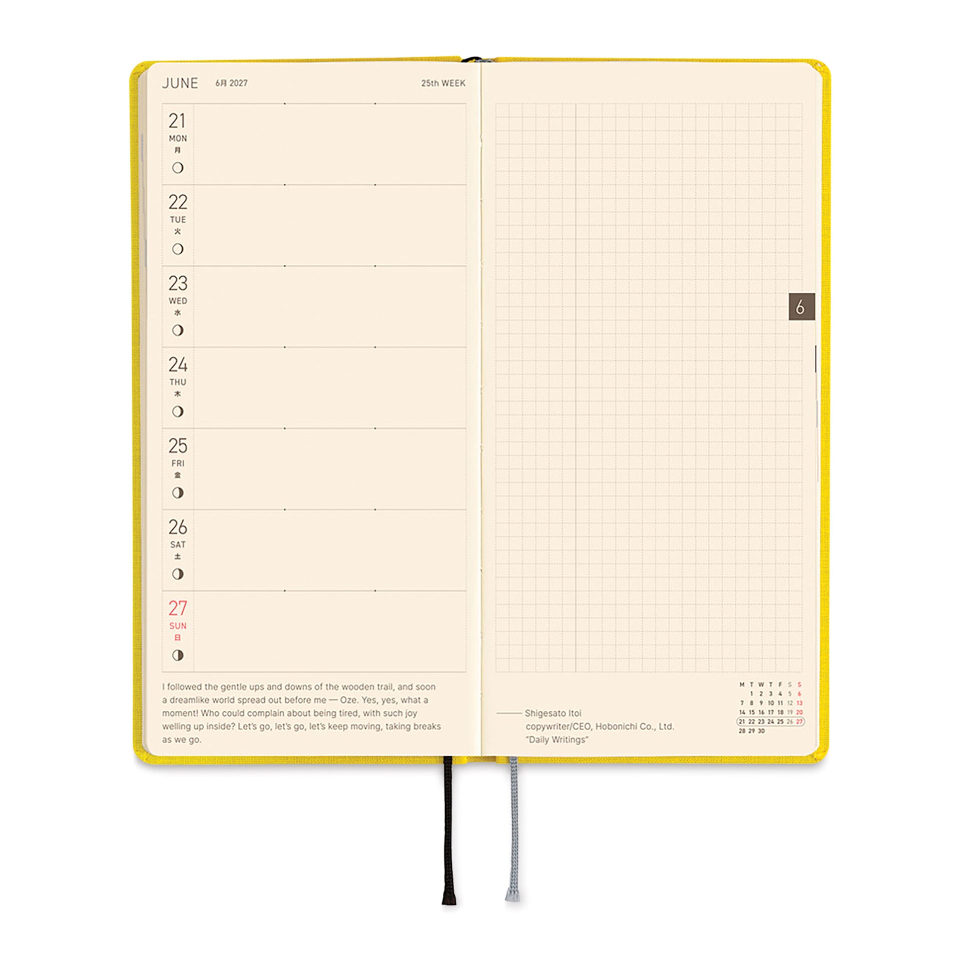 Hobonichi Techo 2027 Weeks Planners - 3.7" x 7.4", Canaria Yellow, weekly schedule and grid pages
