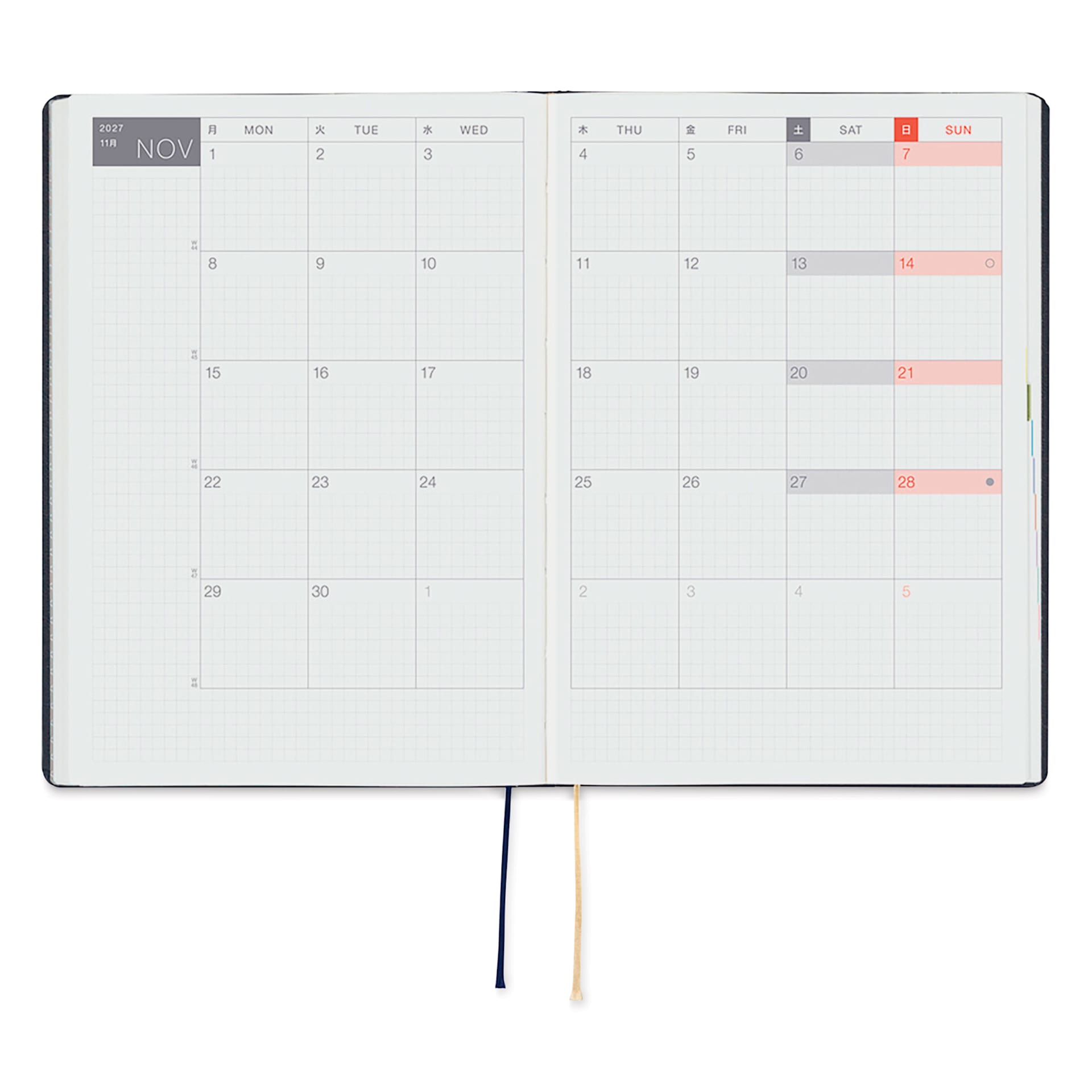 Hobonichi Techo HON 2027 Planners - A5, Slash Navy, monthly view
