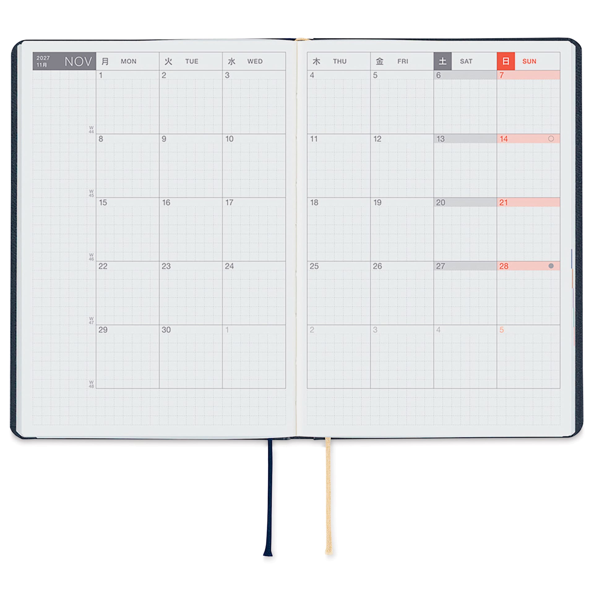 Hobonichi Techo HON 2027 Planners - A6, Slash Navy, monthly pages