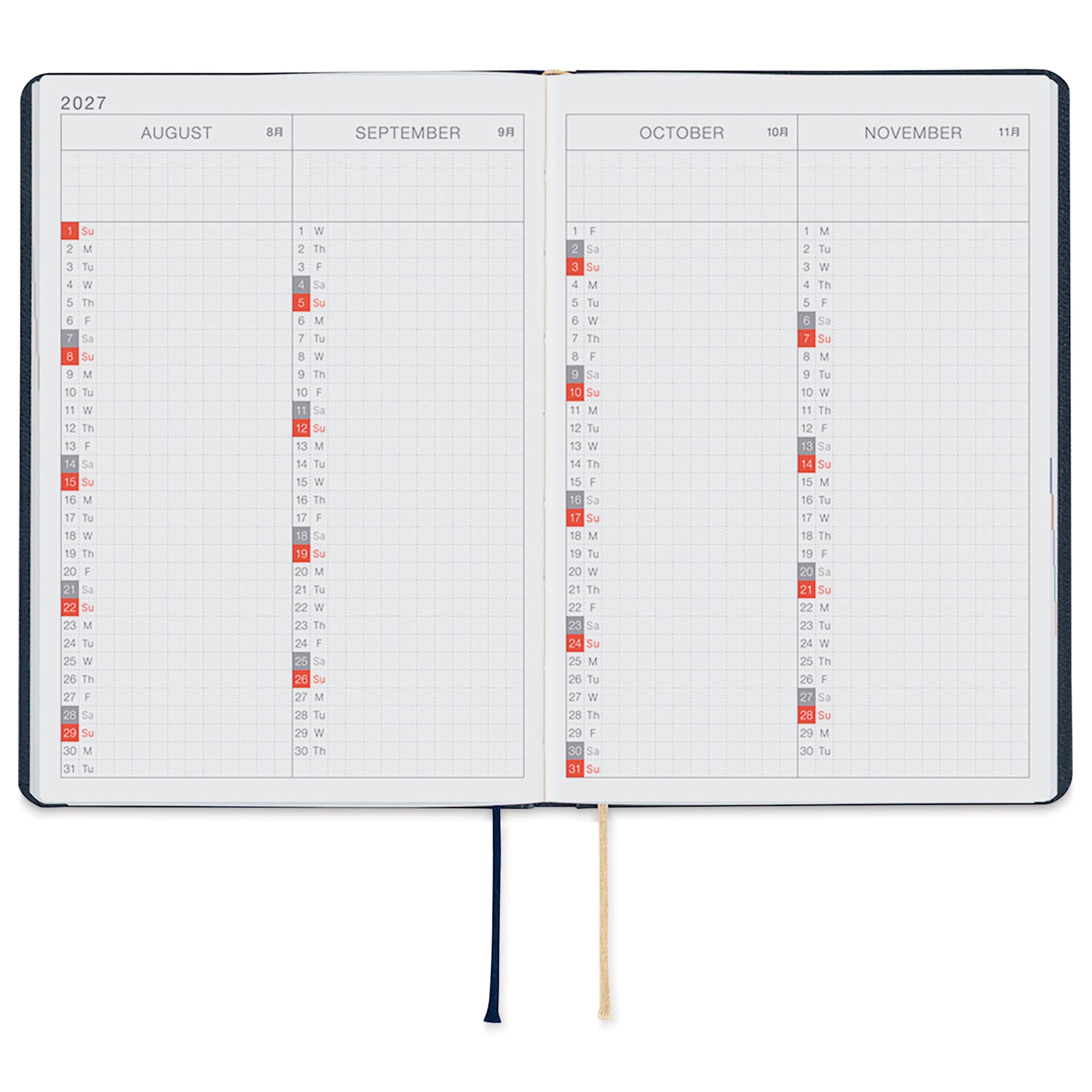 Hobonichi Techo HON 2027 Planners - A6, Slash Navy, six month view