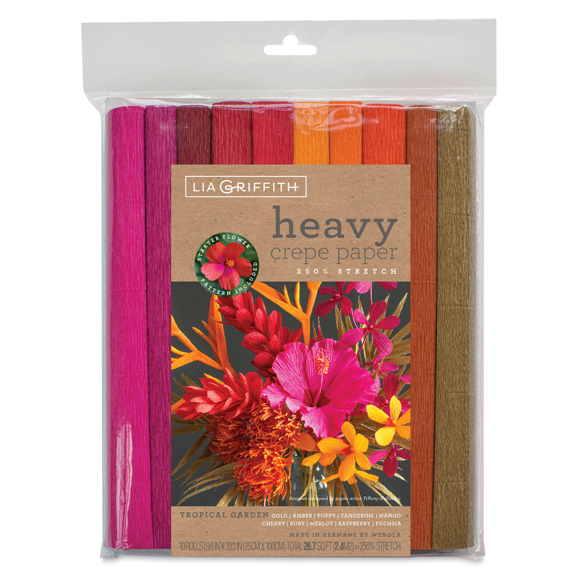 Lia Griffith Crepe Paper - Heavy, Tropical Garden, Set of 10 Rolls front of packaging