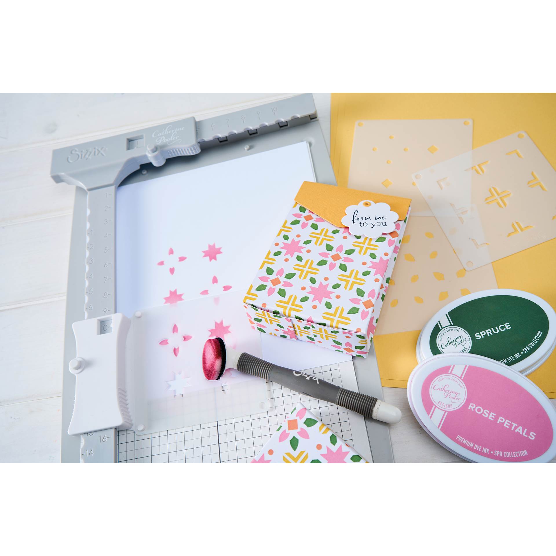 Sizzix Print & Pattern Mini Layered Stencils - Patchwork Tile completed card projects stacked beside tools