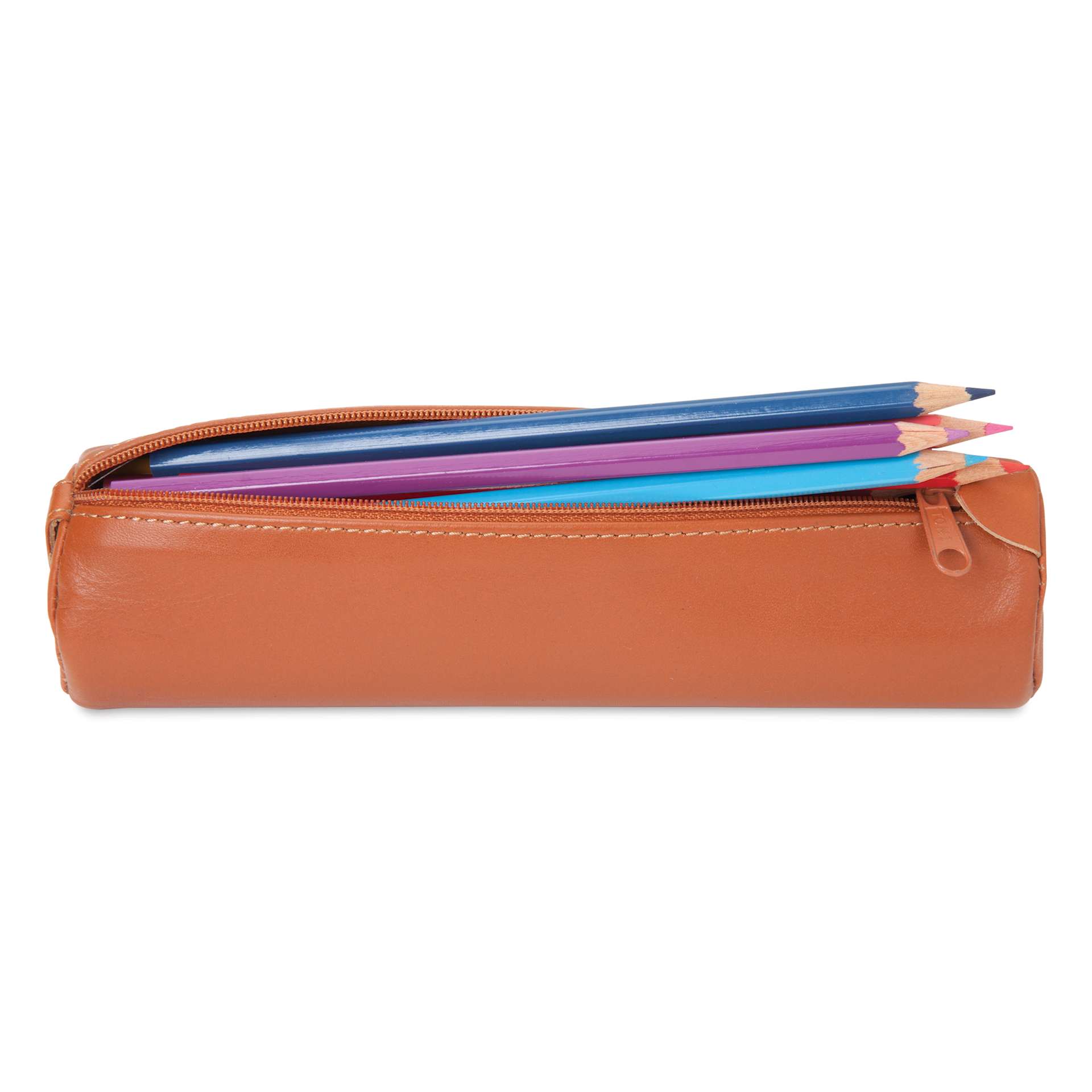 Speedball Leather Pencil Case - Tan, Small, open, showing pencils (not included)