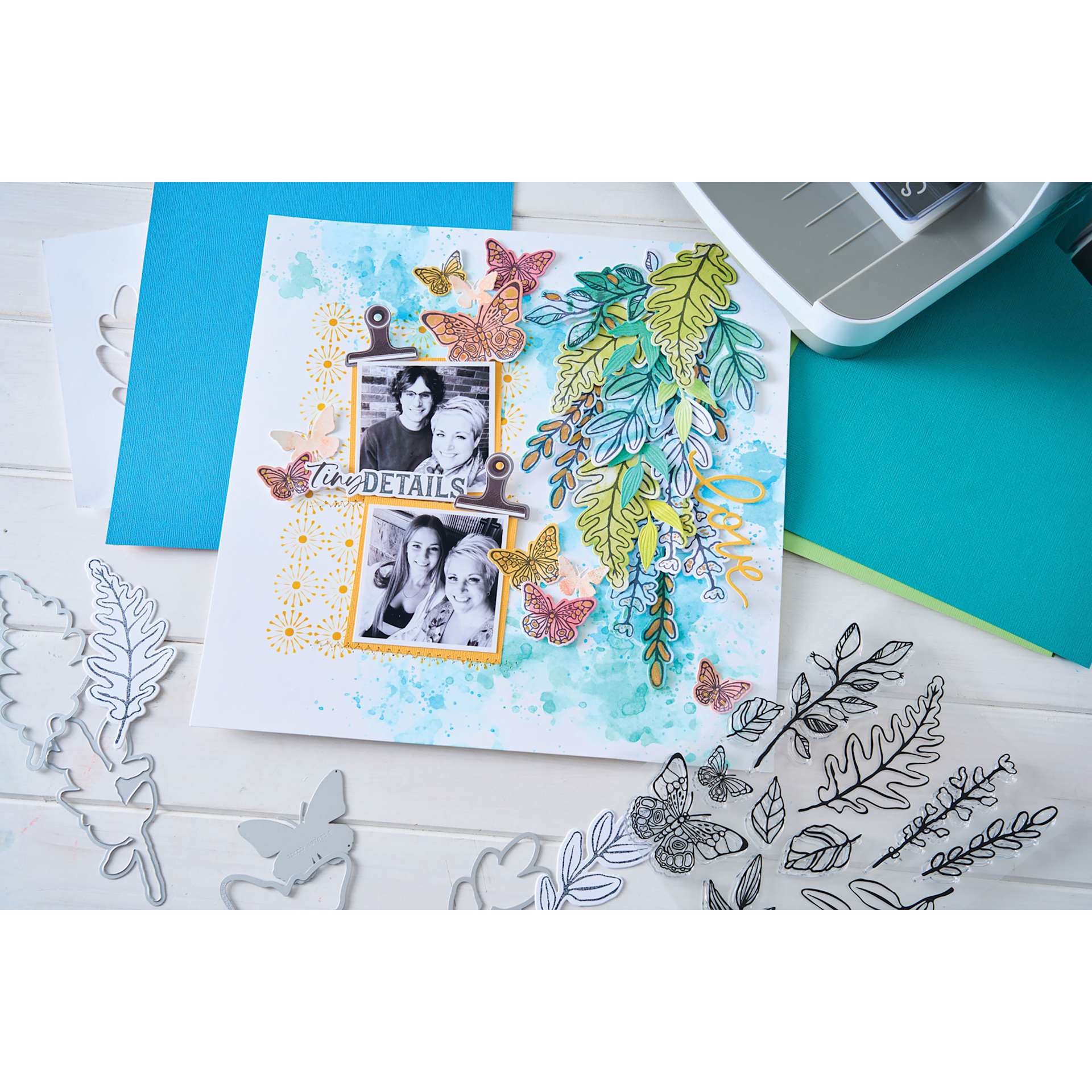 Sizzix Floral Pattern Stamp & Framelit Set - Greenery Layers #1, finished page of scrapbook
