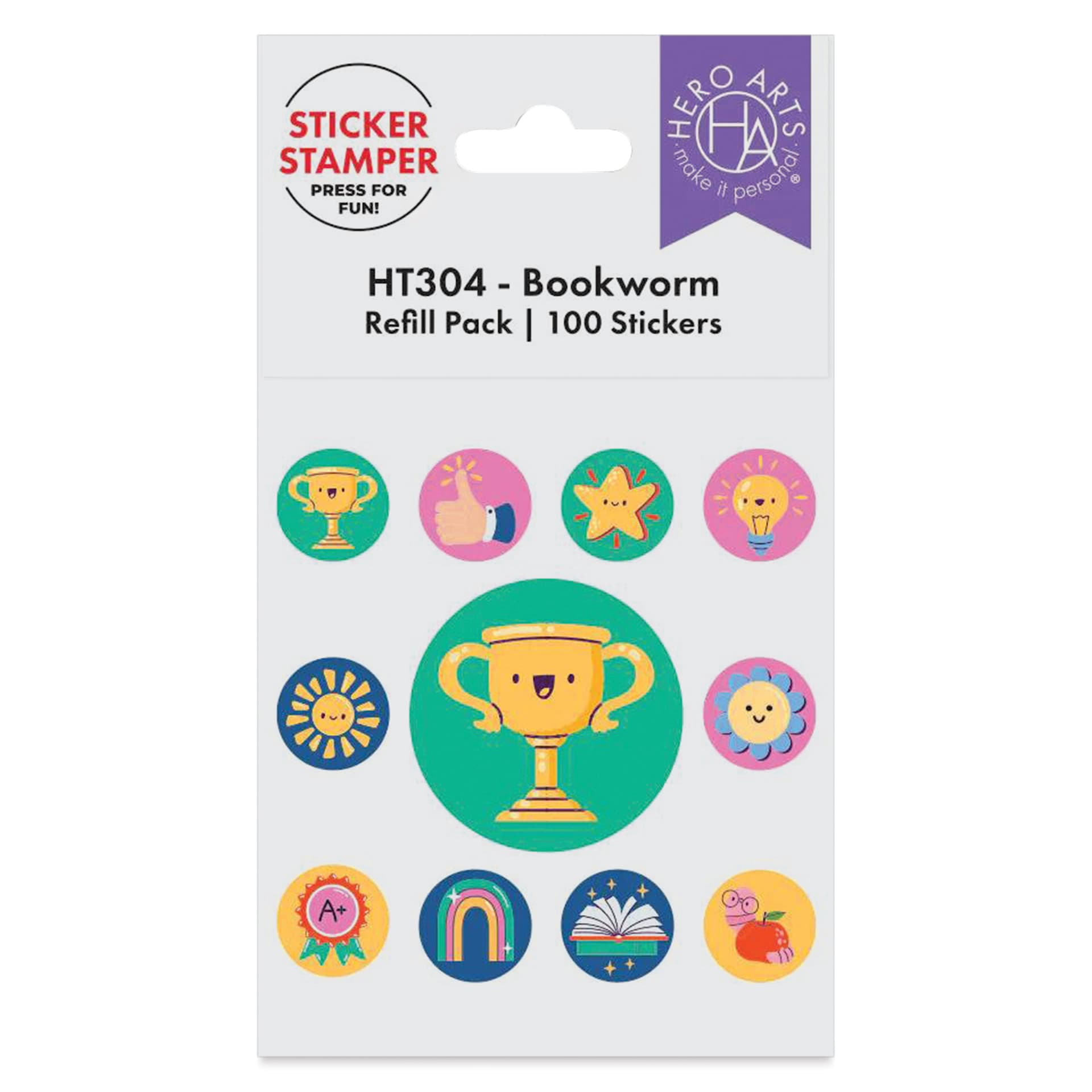 Hero Arts Sticker Stamper Refill Pack - Pkg of 100, 7/8", Bookworm front of packaging