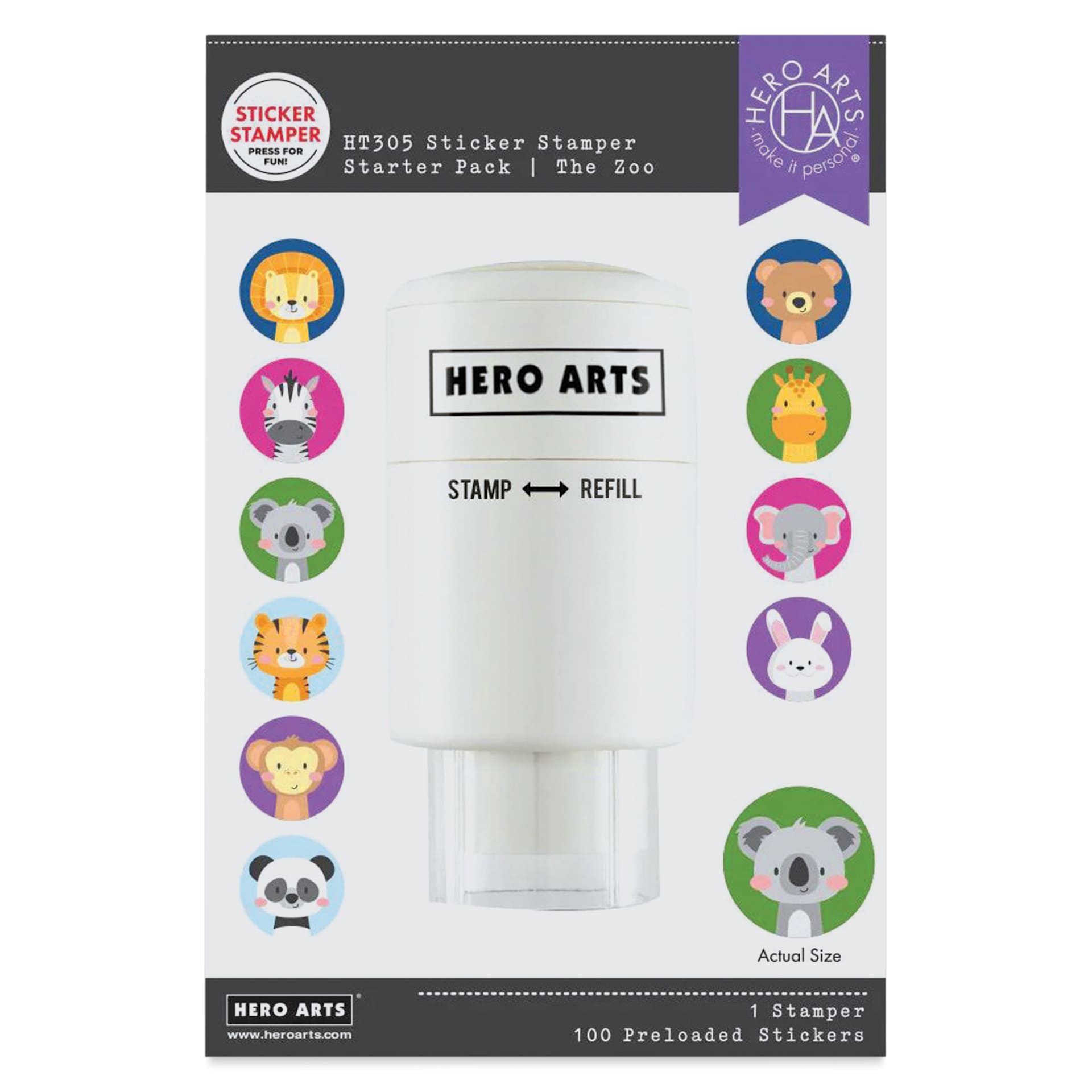 Hero Arts Sticker Stamper Starter Pack - Pkg of 100 Stickers, The Zoo front of packaging