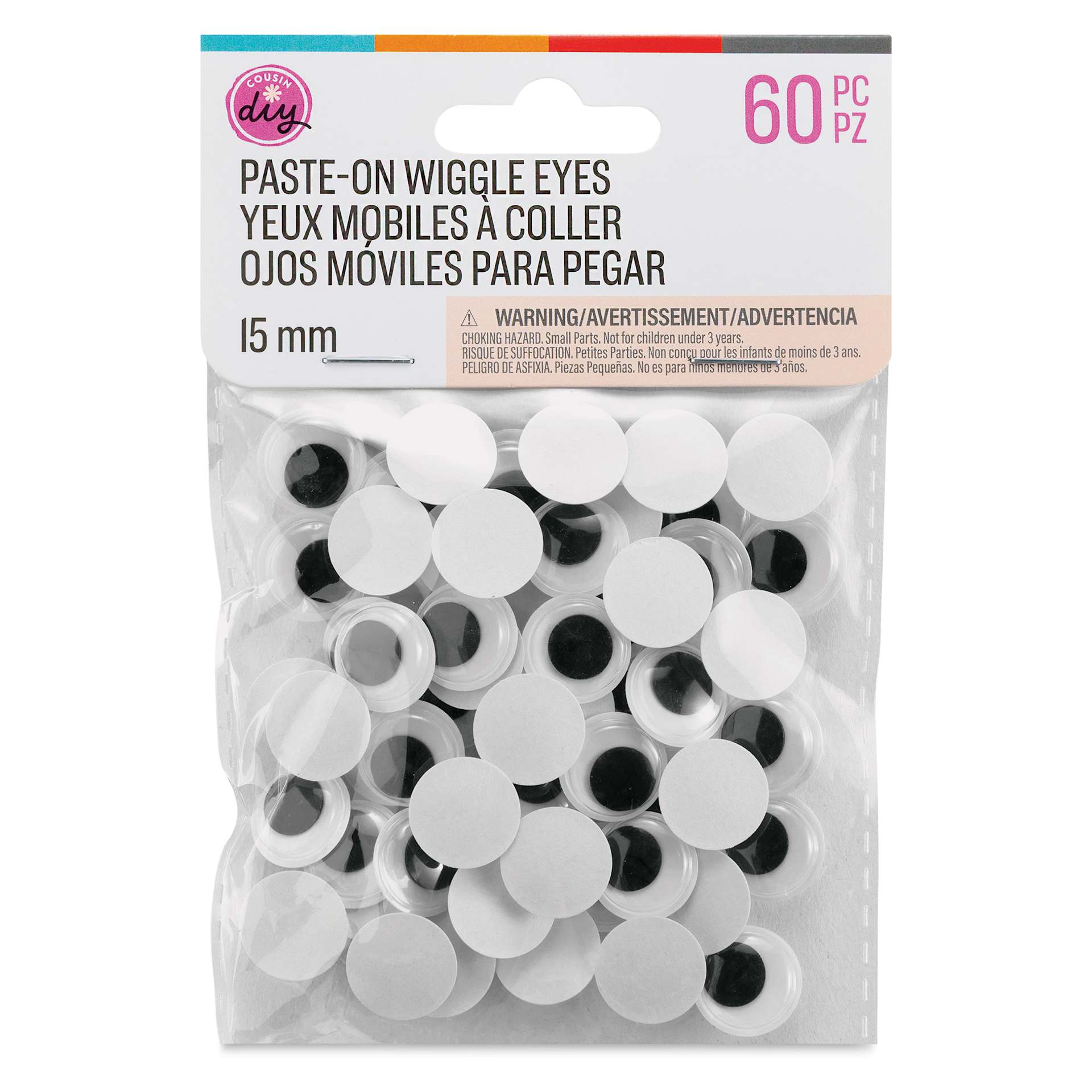 Cousin DIY Paste-On Wiggle Eyes - Pkg of 60, Black, 15 mm front of packaging