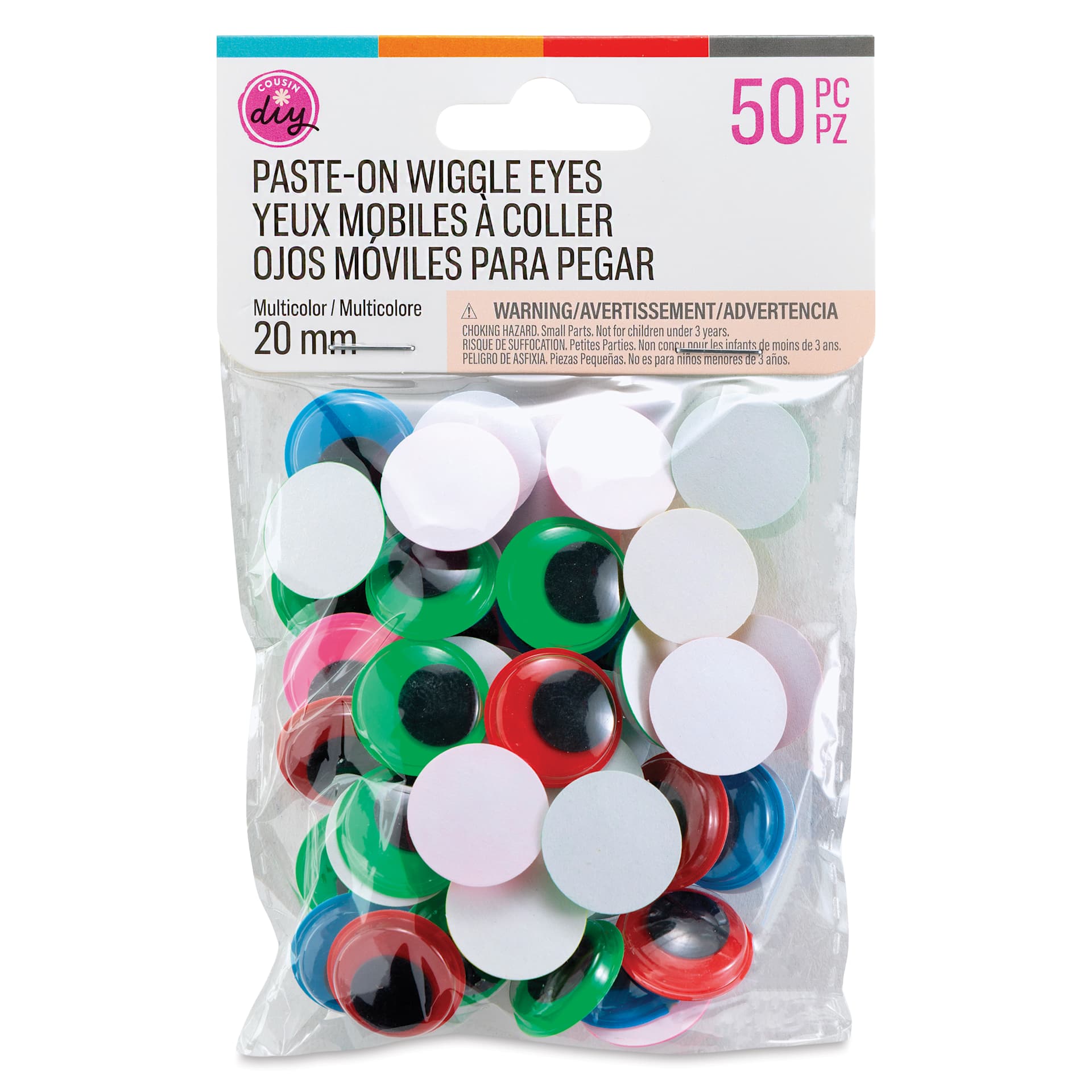 Cousin DIY Paste-On Wiggle Eyes - Pkg of 50, Assorted Colors, 20 mm front of packaging