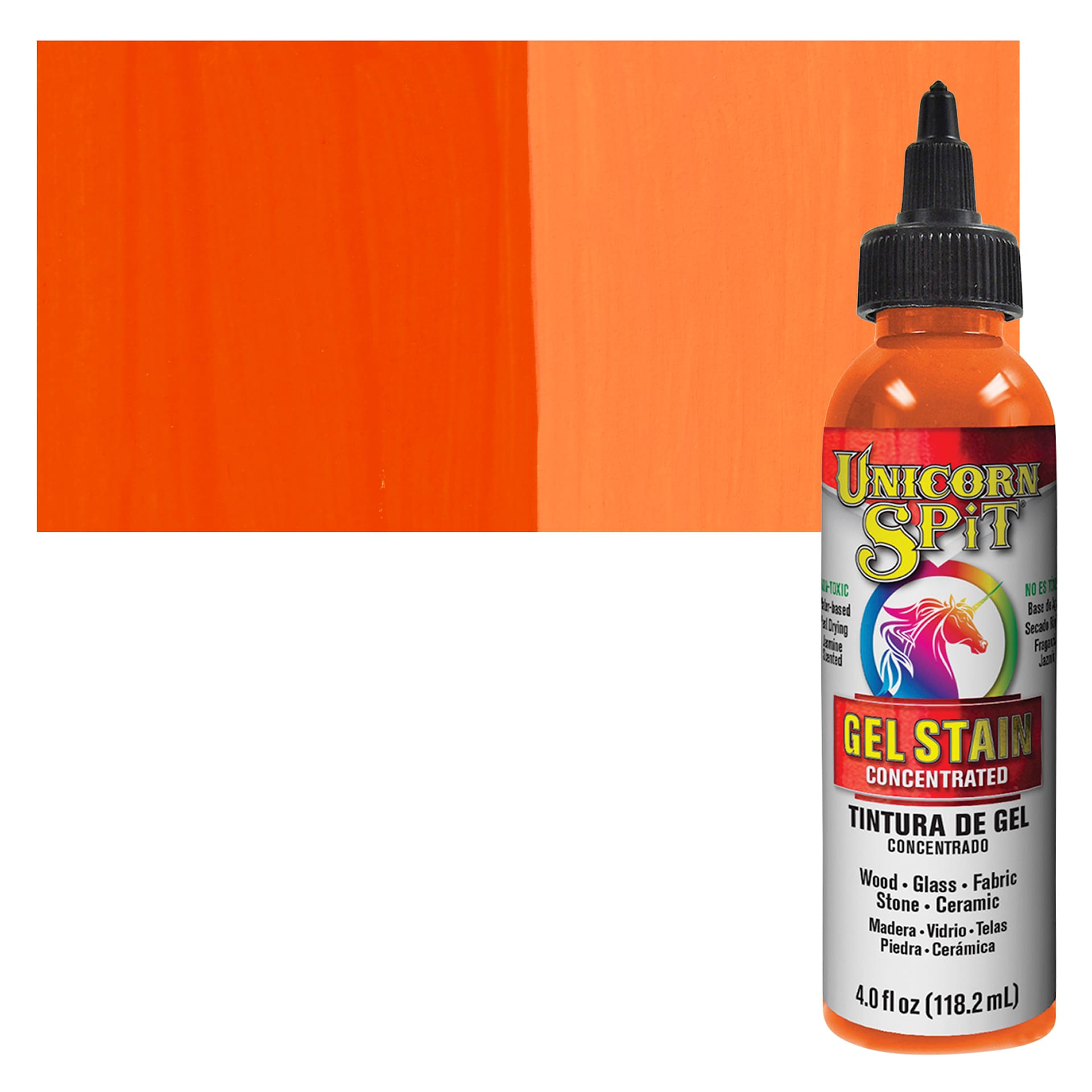 Unicorn Spit Gel Stain and Glaze - Phoenix Fire, 4 oz - Bottle and Swatch
