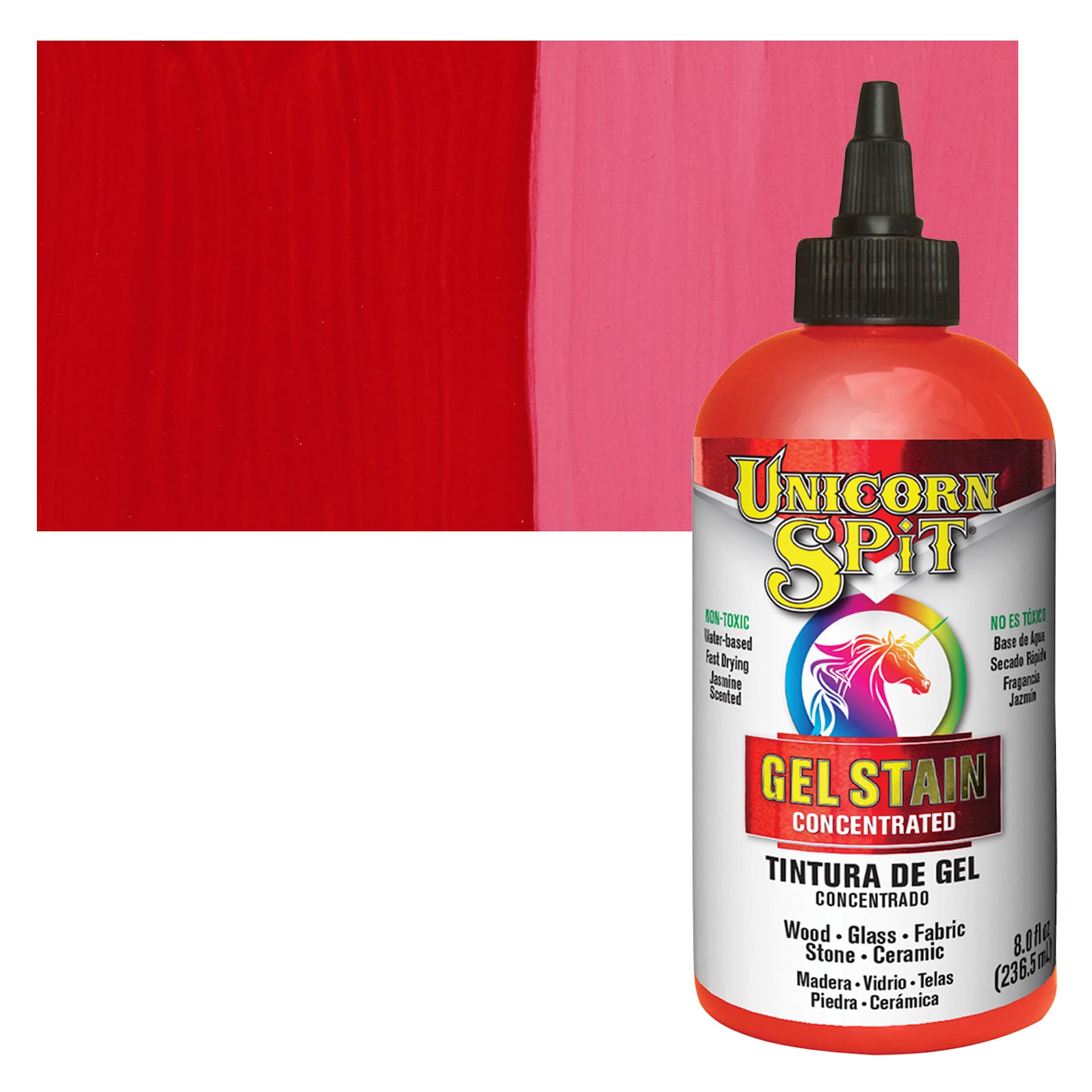 Unicorn Spit Gel Stain and Glaze - Molly Red Pepper, 8 oz - Bottle and Swatch