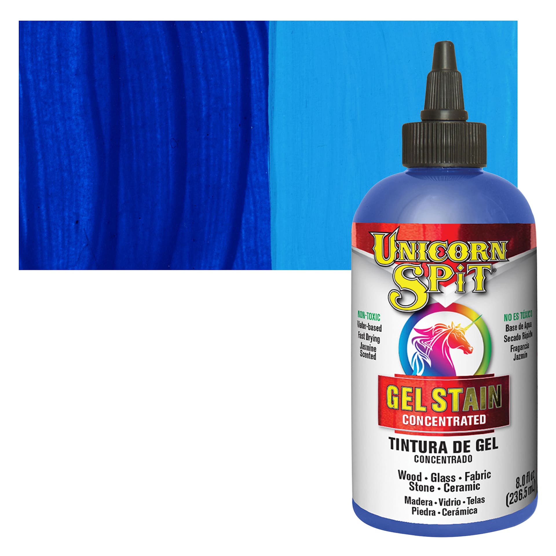 Unicorn Spit Gel Stain and Glaze - Blue Thunder, 8 oz - Bottle and Swatch