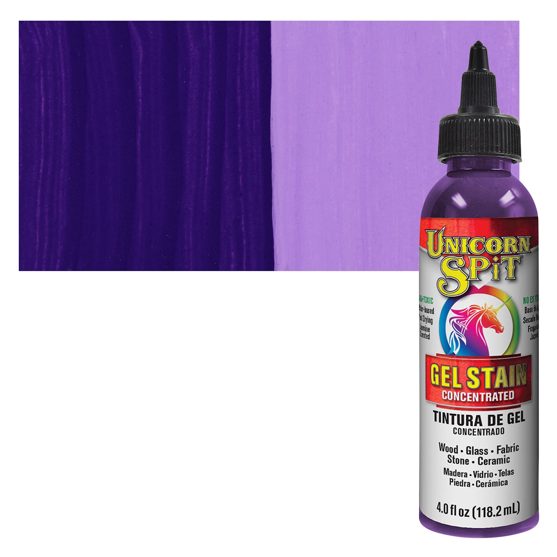 Unicorn Spit Gel Stain and Glaze - Purple Hill Majesty, 4 oz - Bottle and Swatch
