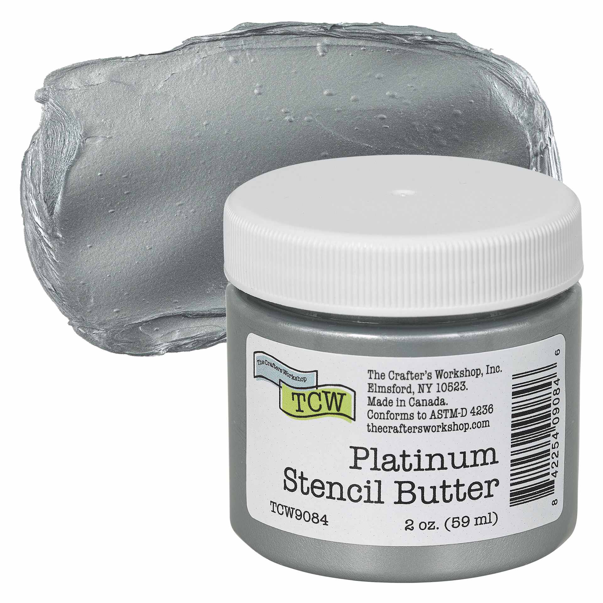 Stencil Butter Acrylic Paint- Platinum, 2 oz, Jar and swatch