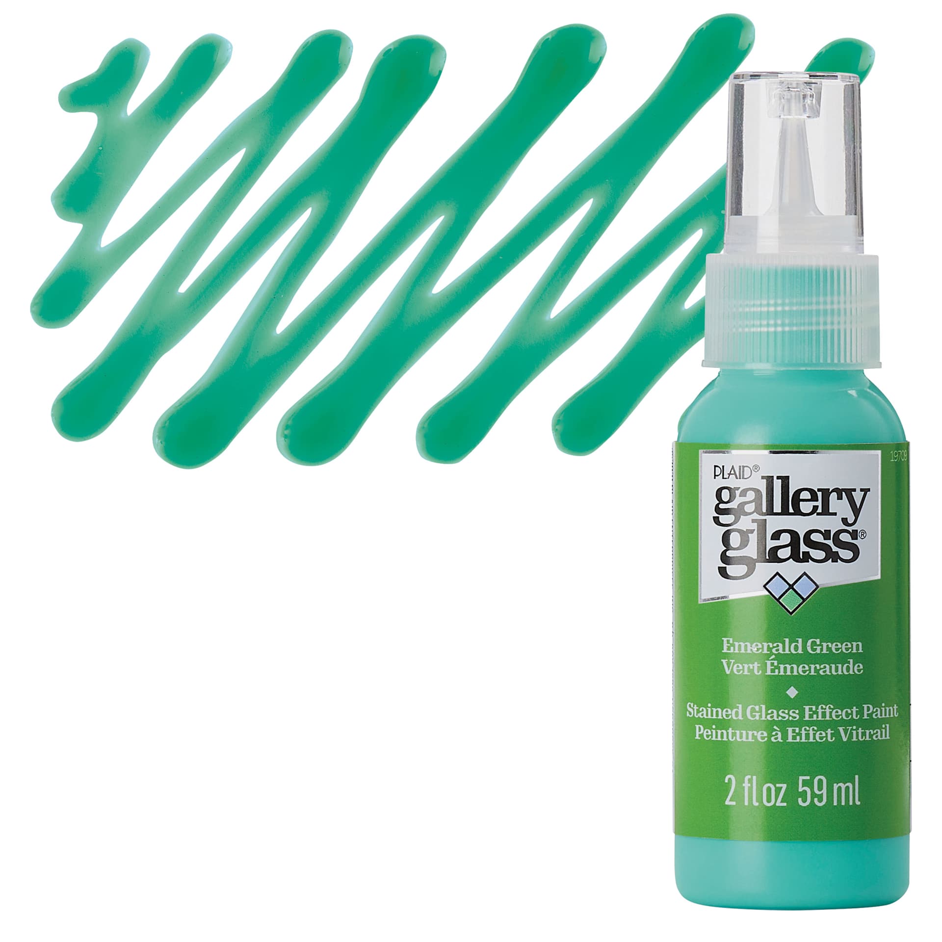 Plaid Gallery Glass Paint - Emerald Green, 2 oz bottle and swatch