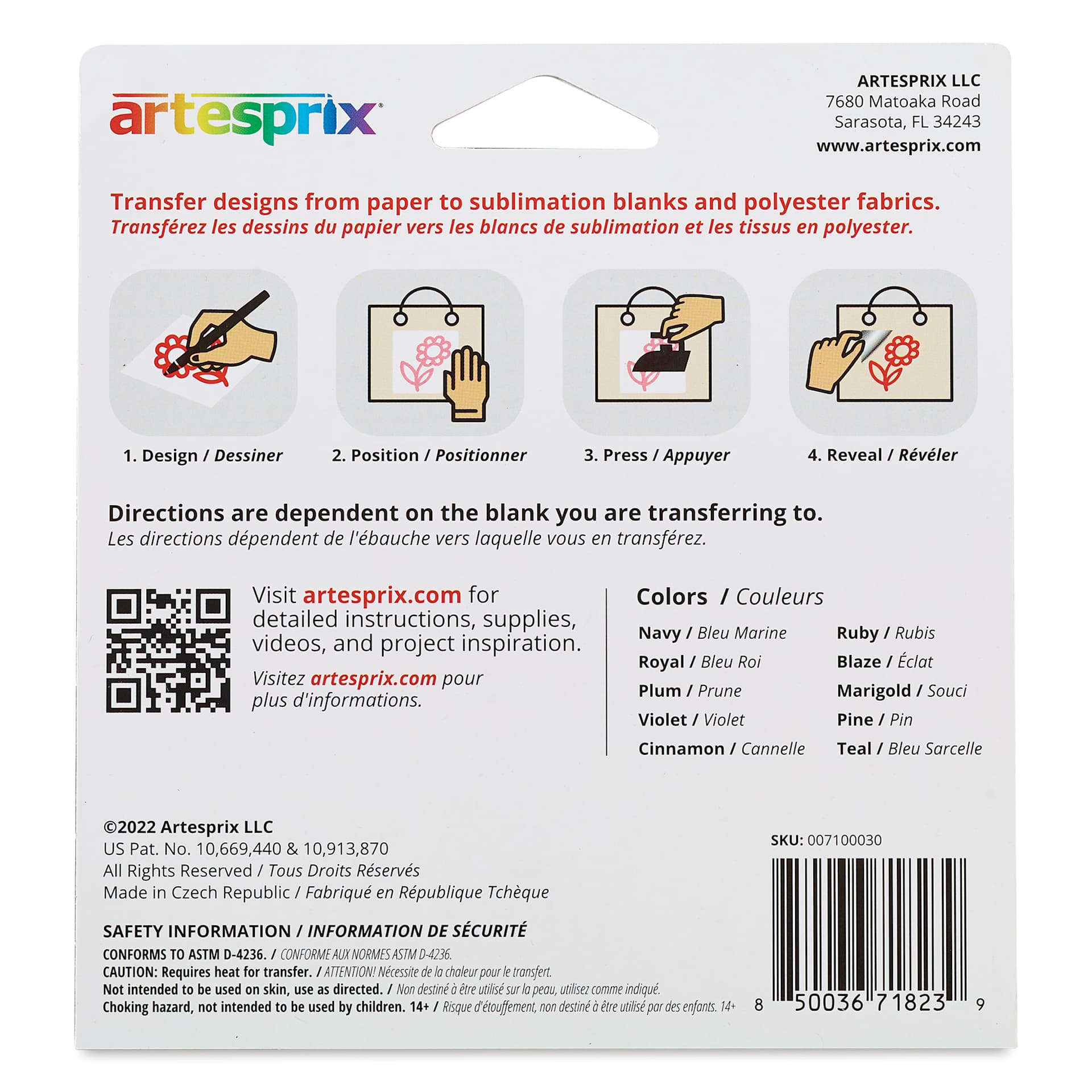 Artesprix Sublimation Markers - Chisel-Tip, Set of 10 Bold Colors back of package