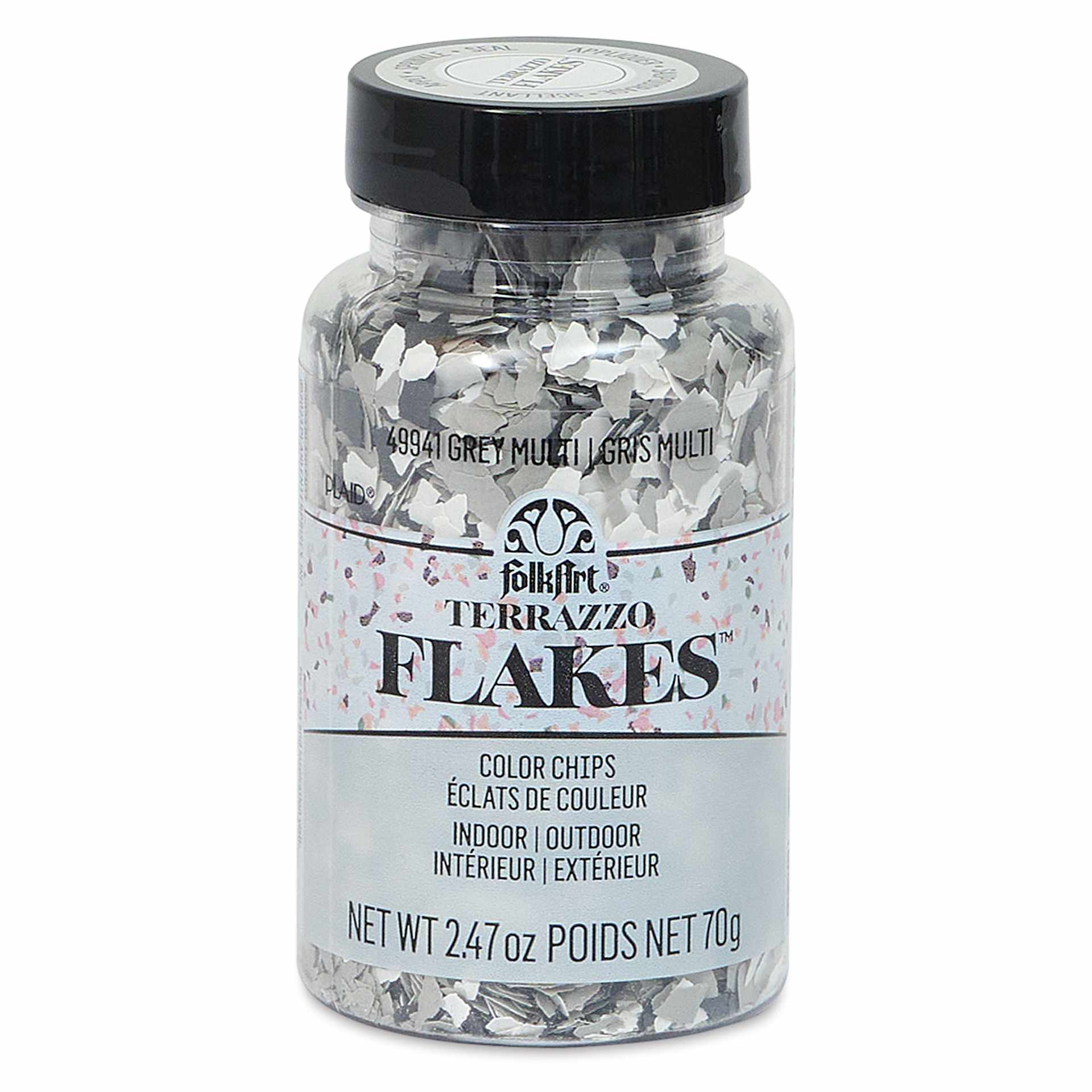 Plaid FolkArt Terrazzo Color Chip Flakes - Grey Multi, 2.47 oz front of bottle