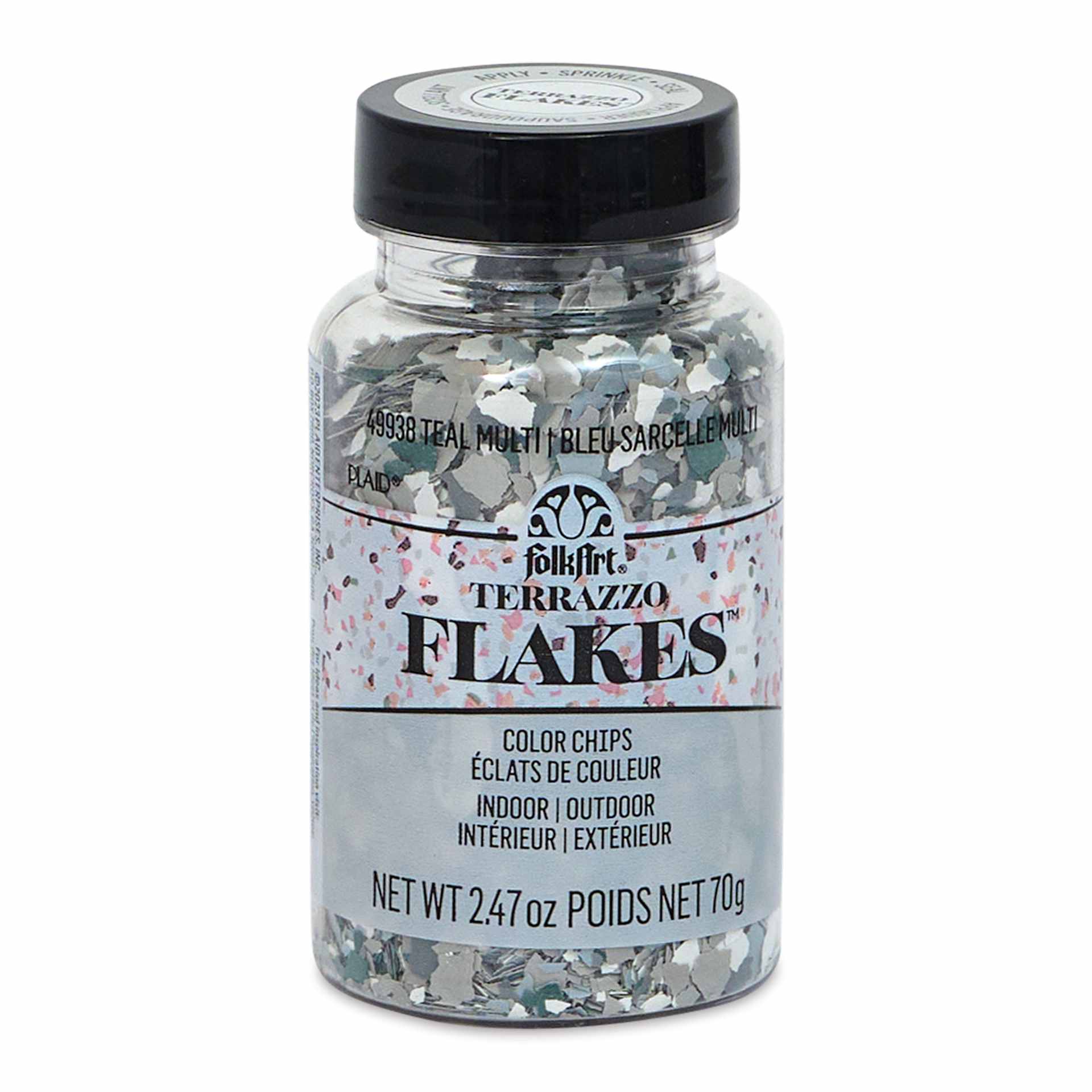 Plaid FolkArt Terrazzo Color Chip Flakes - Teal Multi, 2.47 oz front of bottle