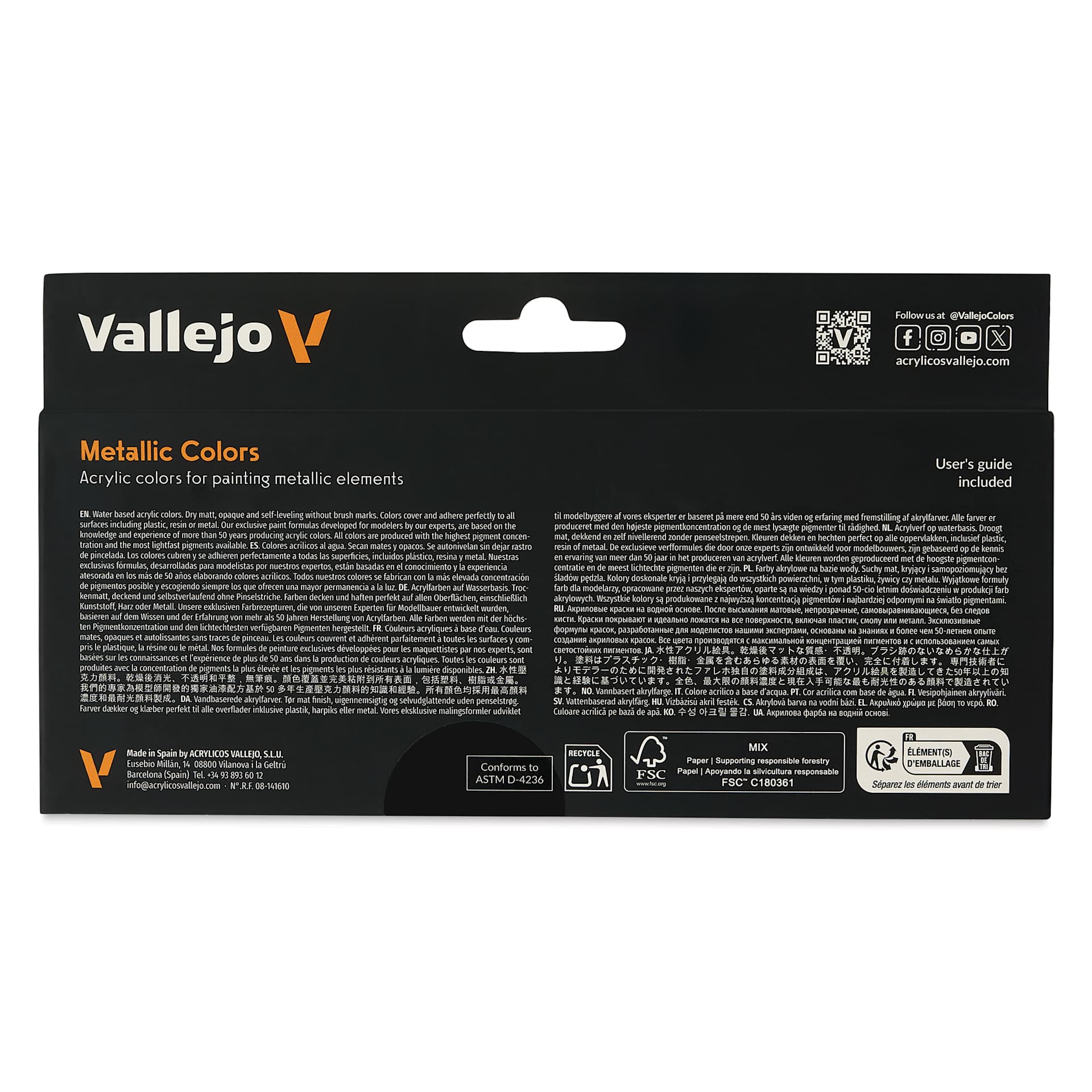 Vallejo Acrylic Model Color Paints Set - Set of 8, Metallics, 18 ml back of package