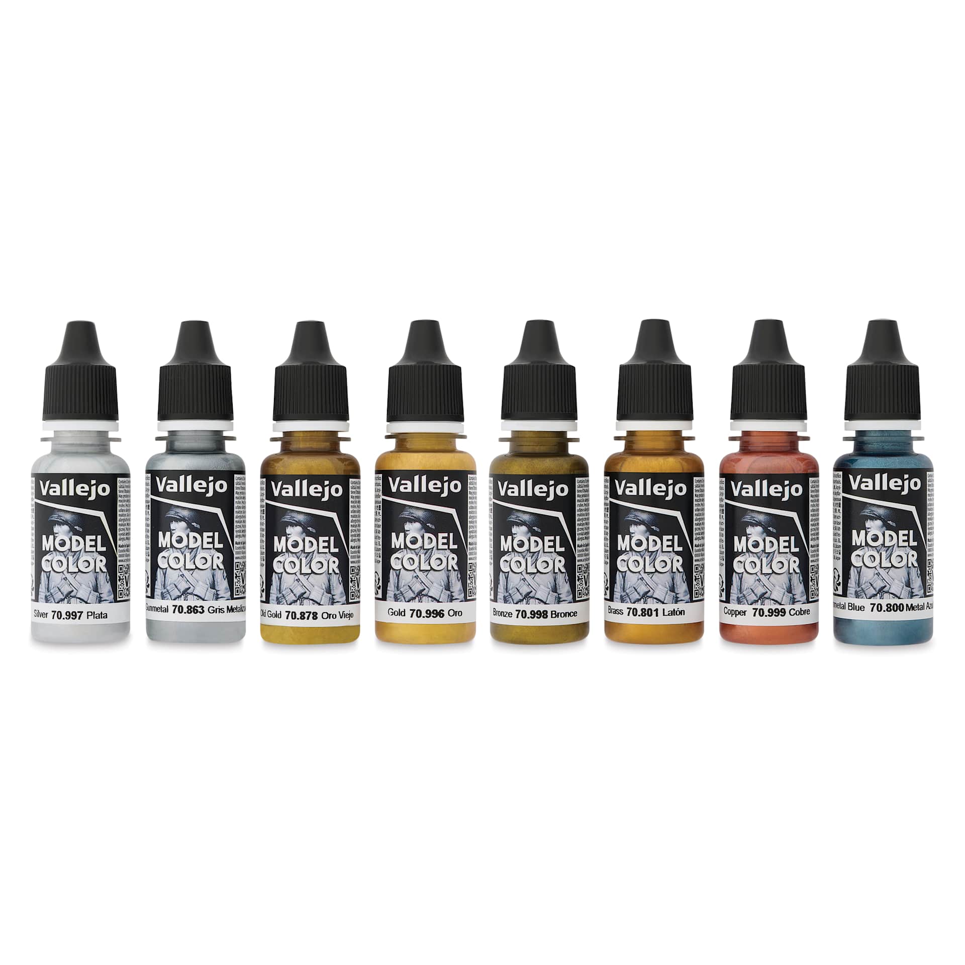 Vallejo Acrylic Model Color Paints Set - Set of 8, Metallics set contents