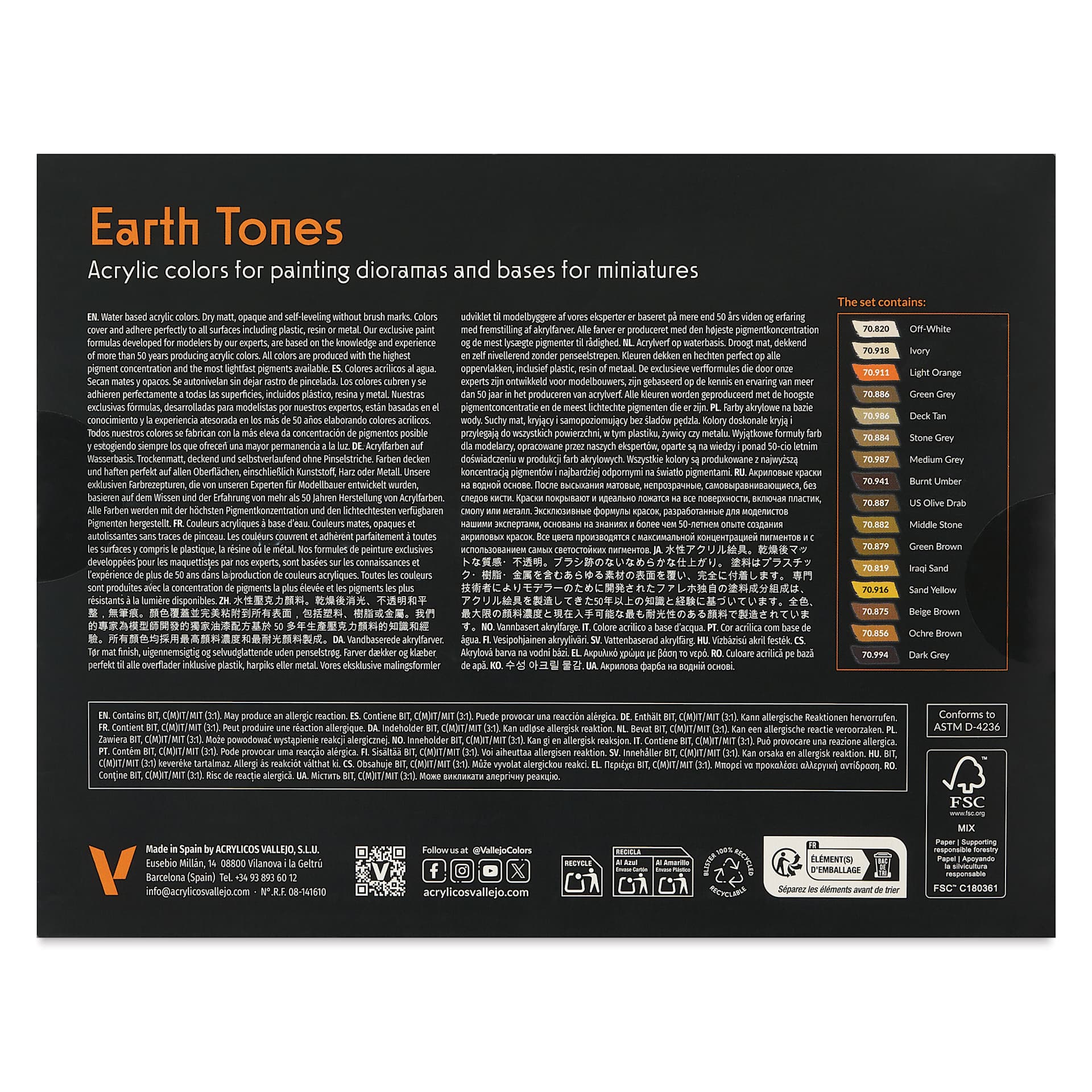 Vallejo Acrylic Model Color Paints Set - Set of 16, Earth Tones back of package