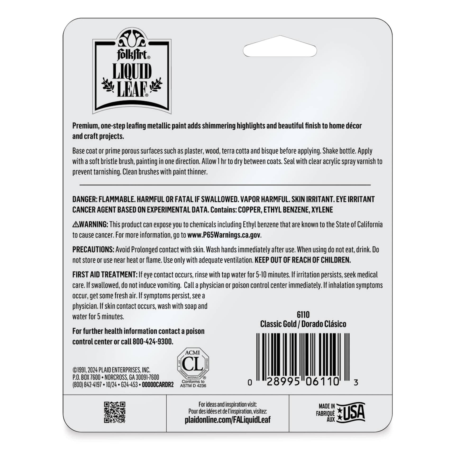 FolkArt Liquid Leaf Metallic Paint - Classic Gold, 0.75 oz, back of packaging