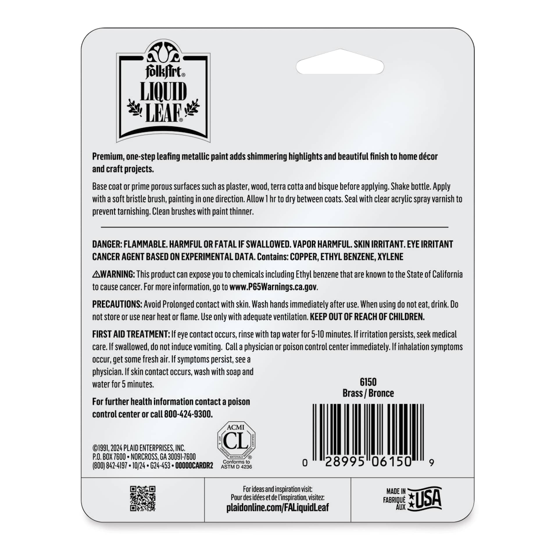 FolkArt Liquid Leaf Metallic Paint - Brass, 0.75 oz, back of packaging