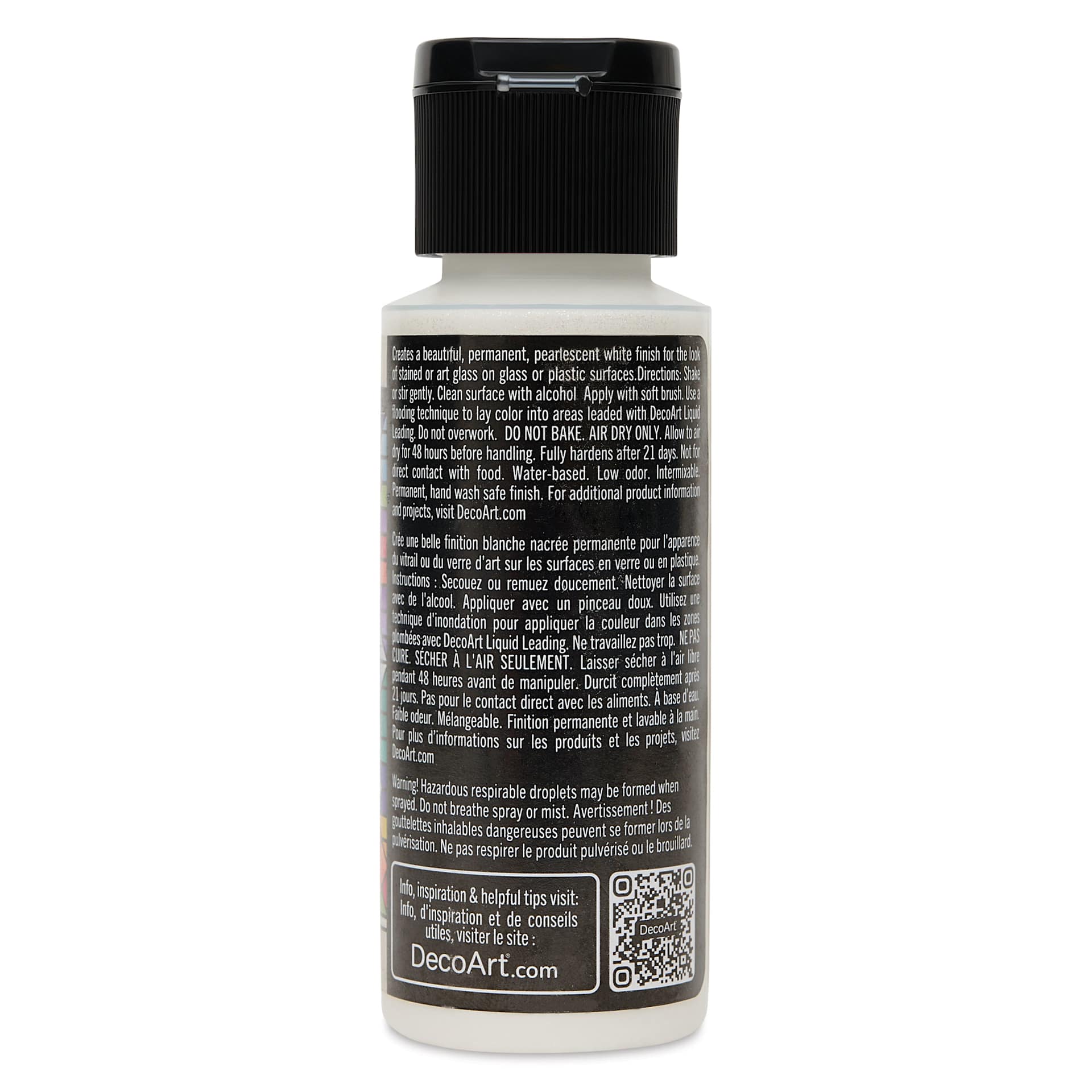 Back of DecoArt Stained Glass Paint - White Pearl, 2 oz bottle