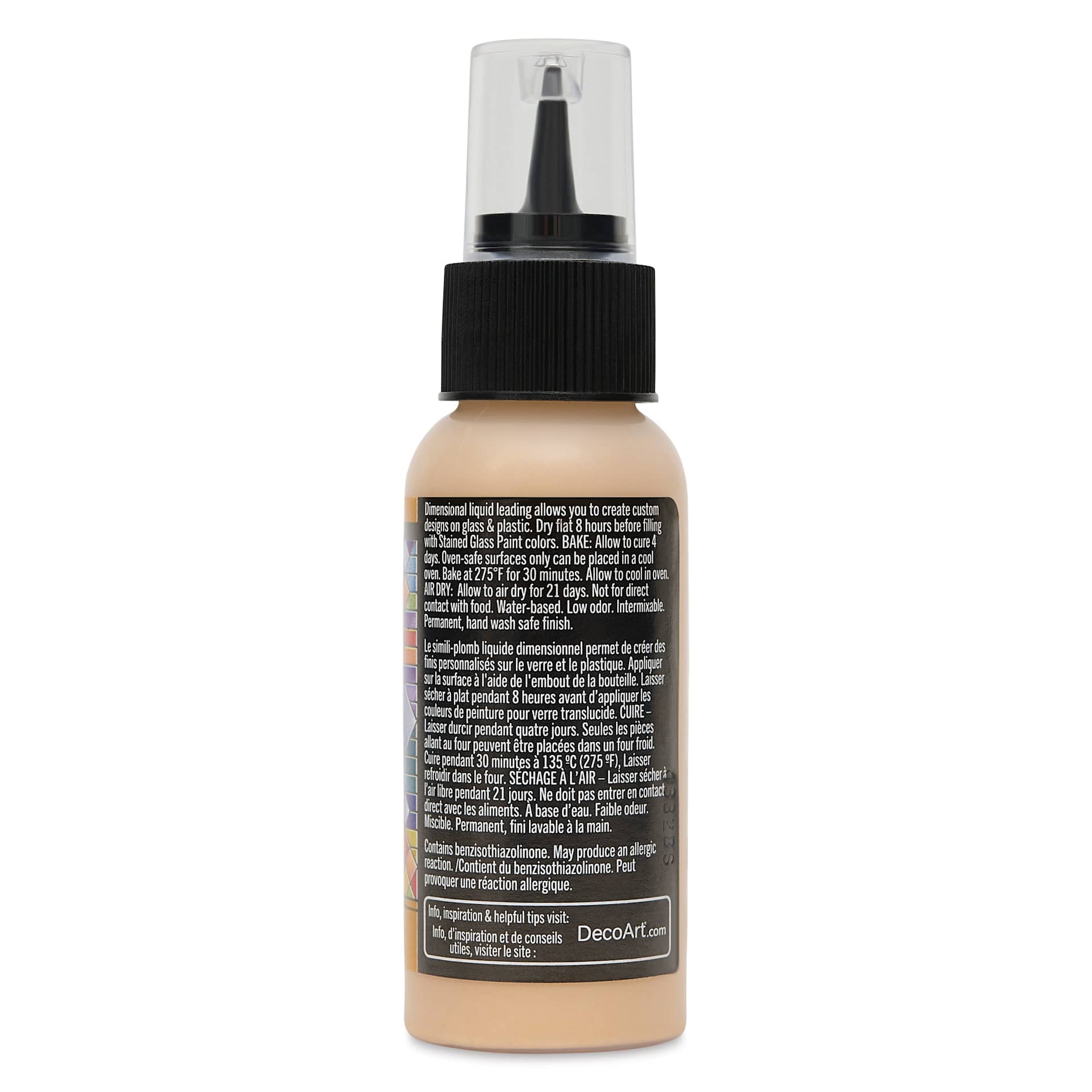 Back of DecoArt Stained Glass Paint 3-D Liquid Leading in Gold, 2 oz Bottle