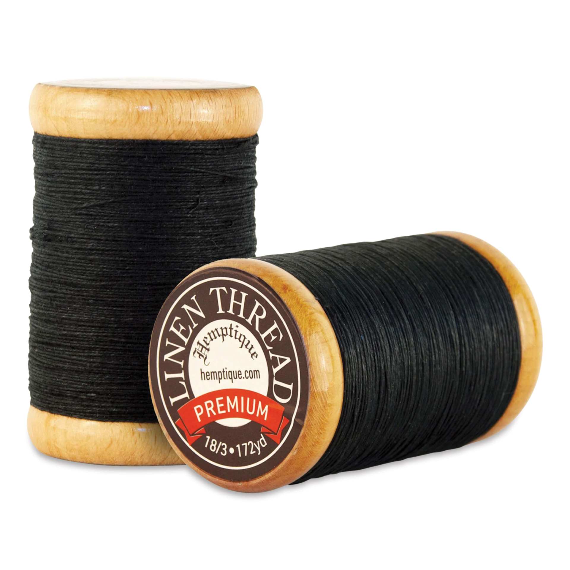 Hemptique Premium Linen Thread - Black, 0.6 mm top and side view of spool