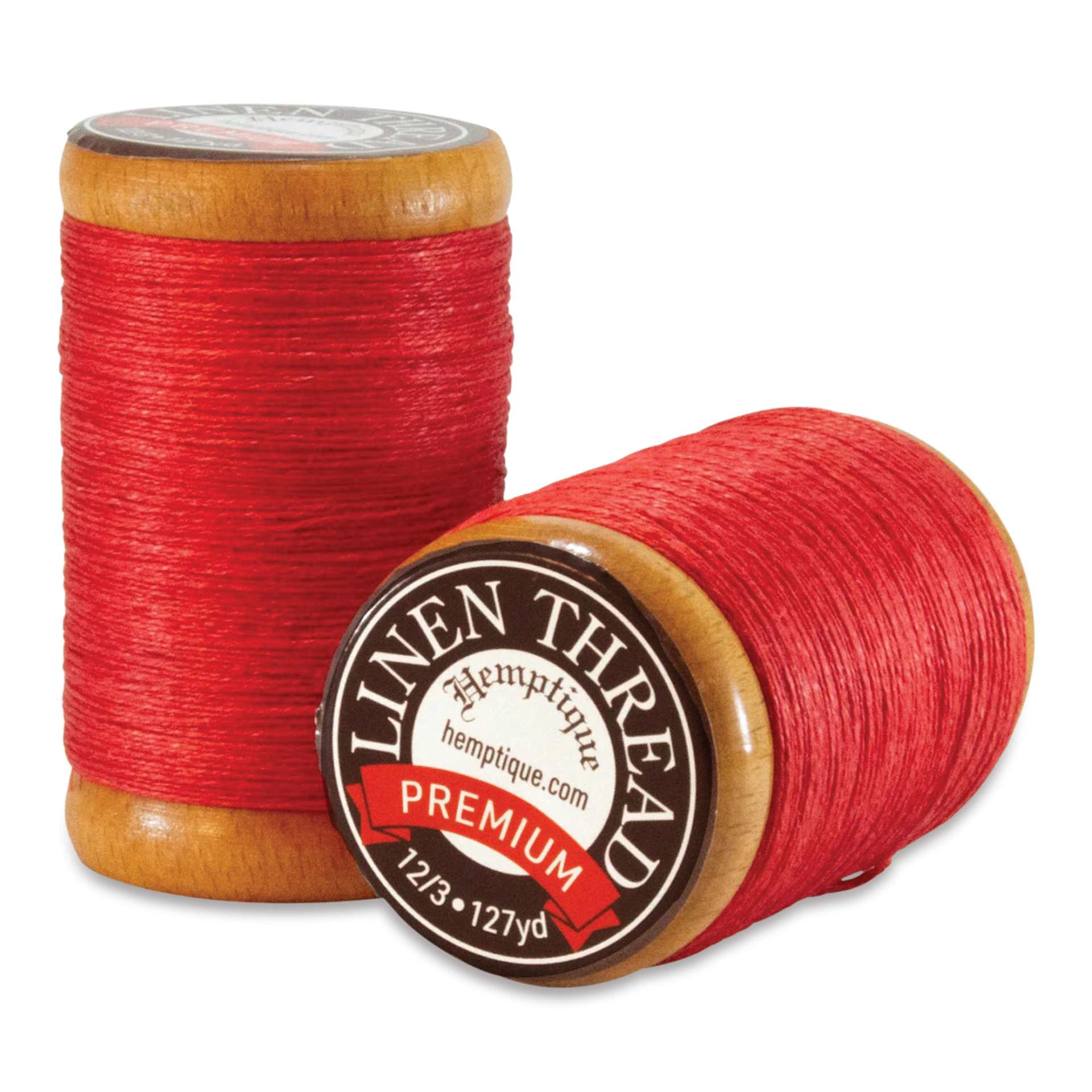 Hemptique Premium Linen Thread - Red, 1 mm side and top view of spool
