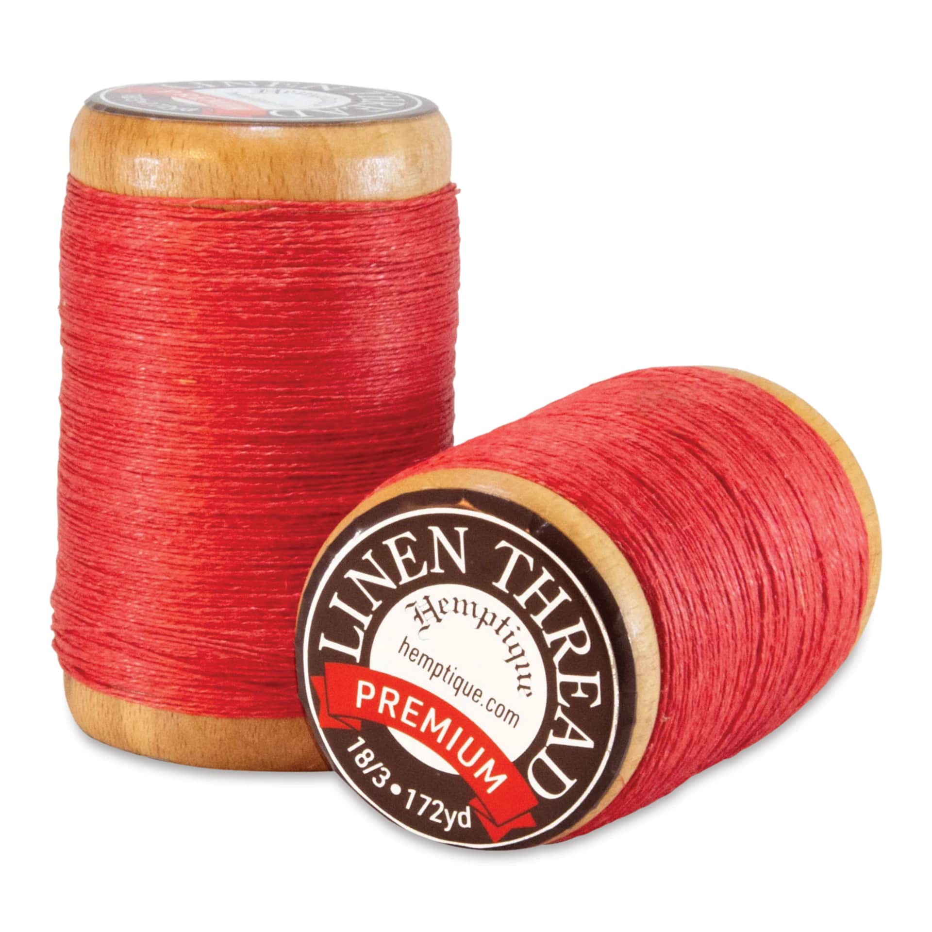 Hemptique Premium Linen Thread - Red, 0.6 mm side and top view of spool